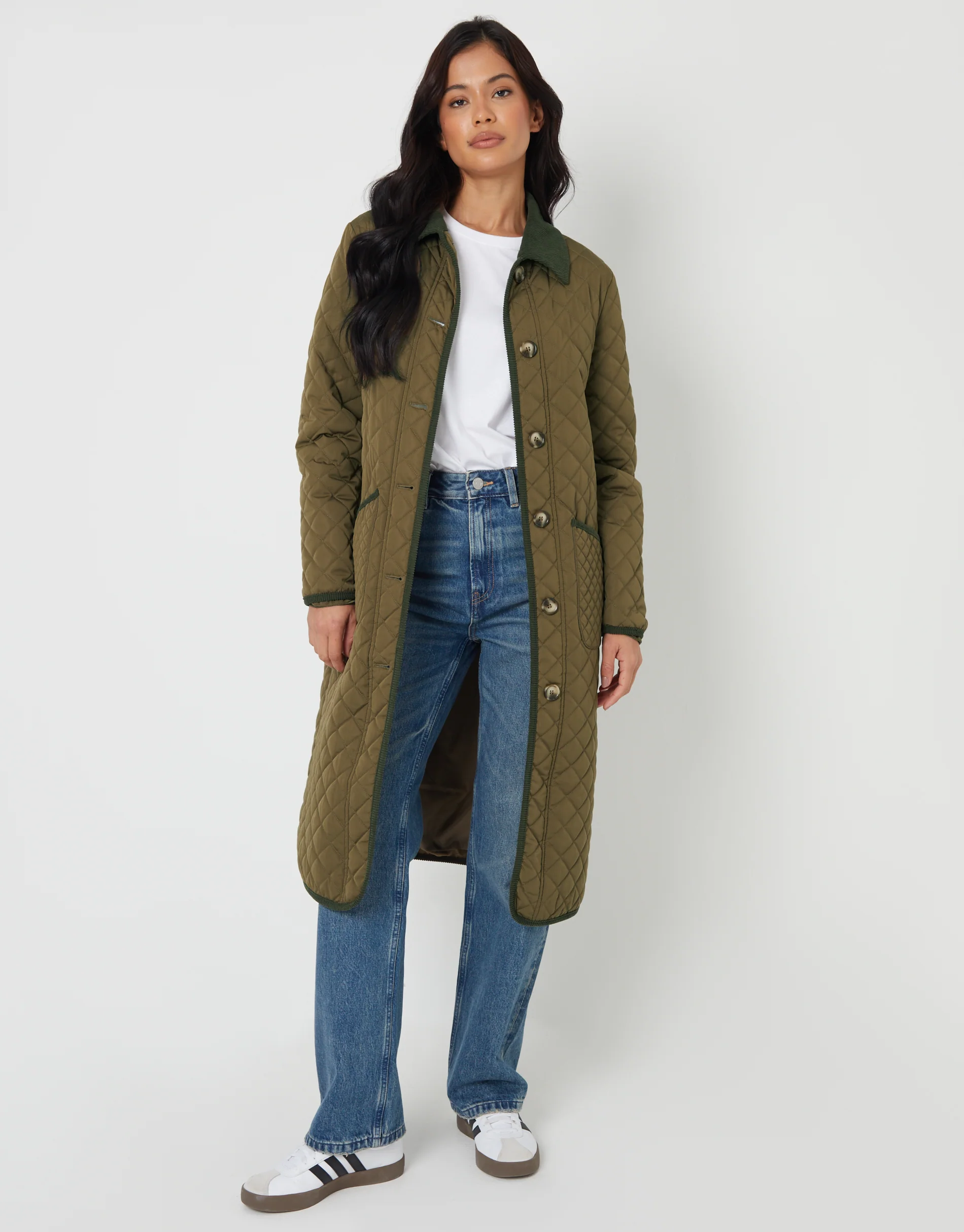 Button Up Collared Diamond Quilted Maxi Coat in Khaki Green - Image 4