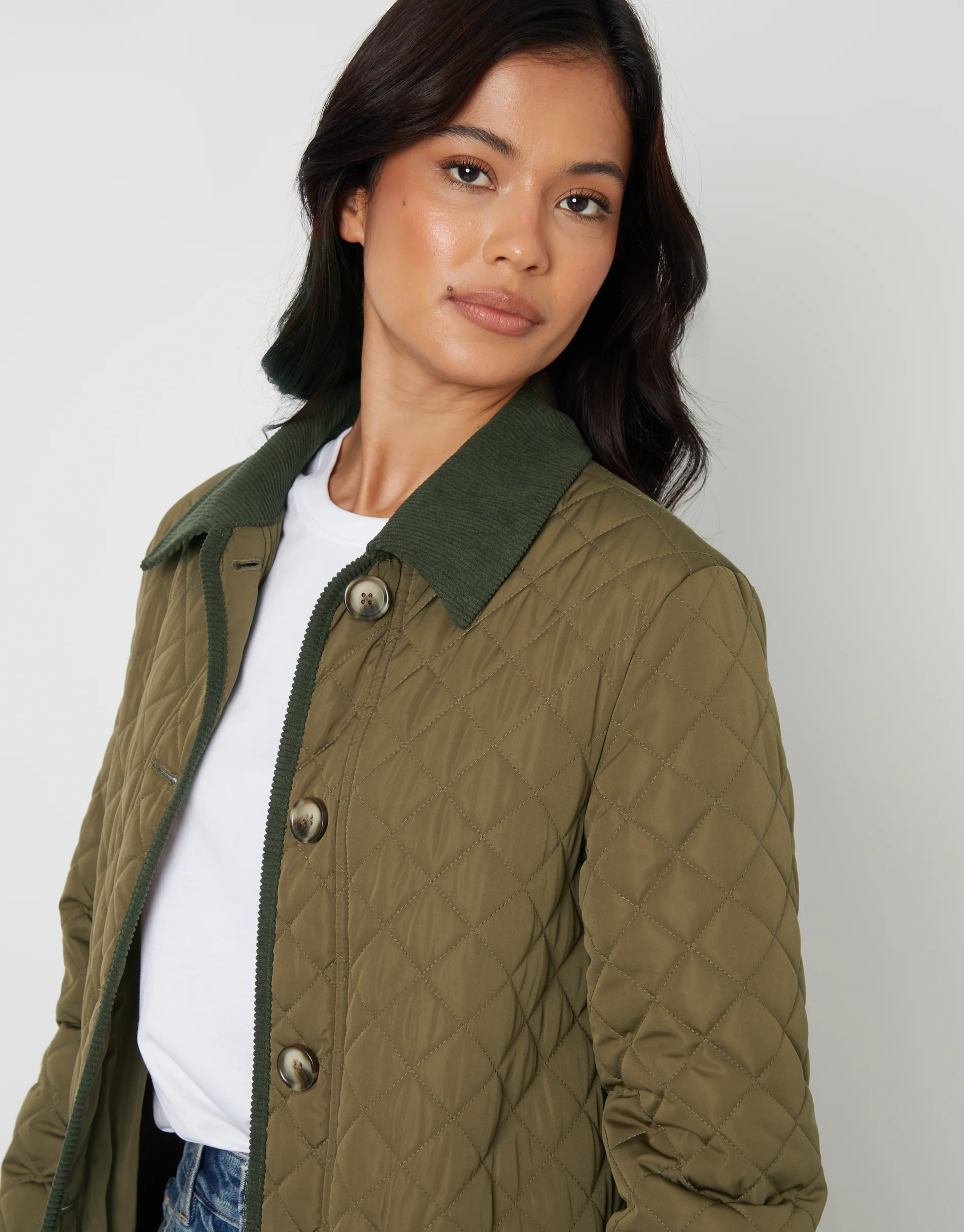 Button Up Collared Diamond Quilted Maxi Coat in Khaki Green - Image 5