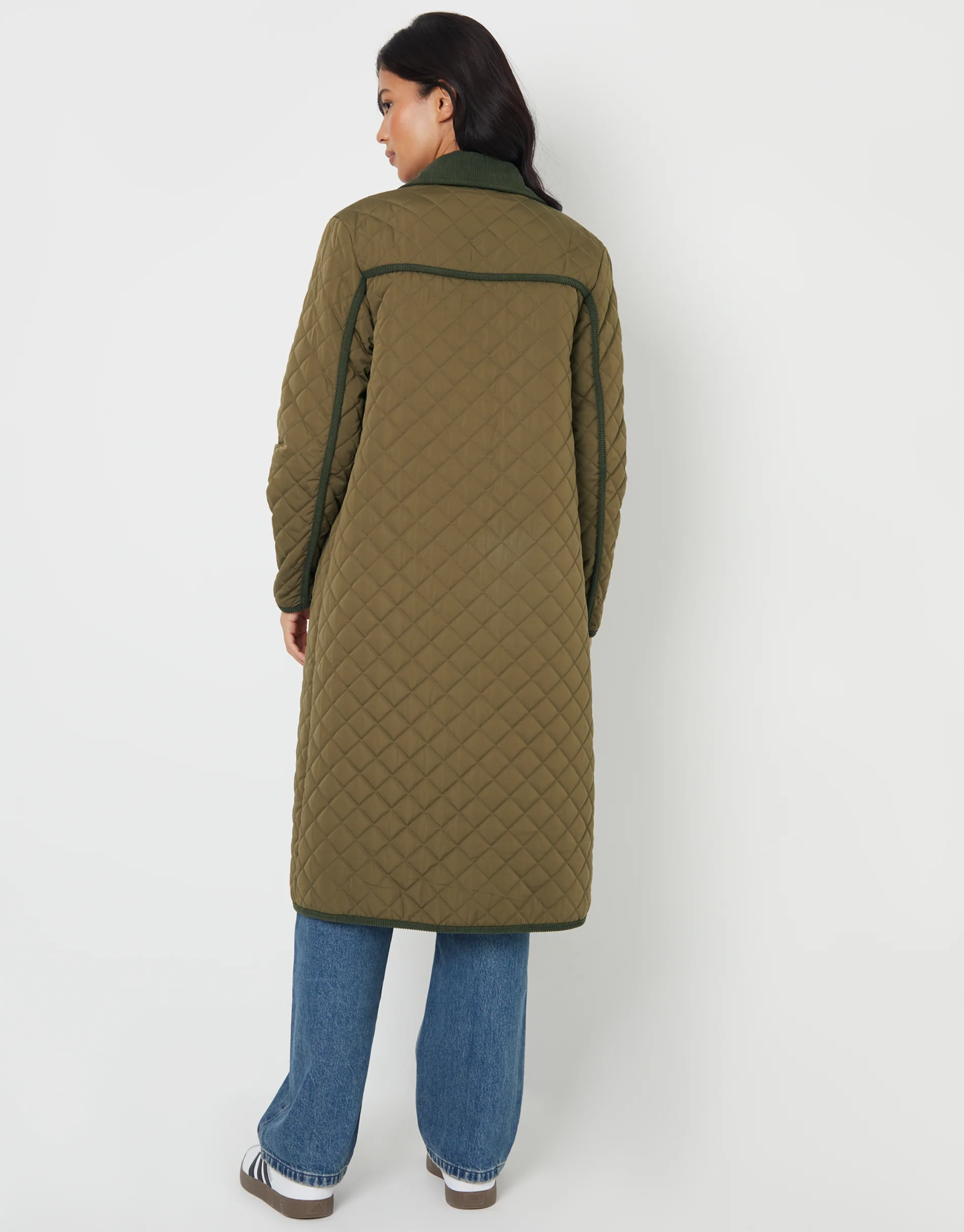 Button Up Collared Diamond Quilted Maxi Coat in Khaki Green - Image 6