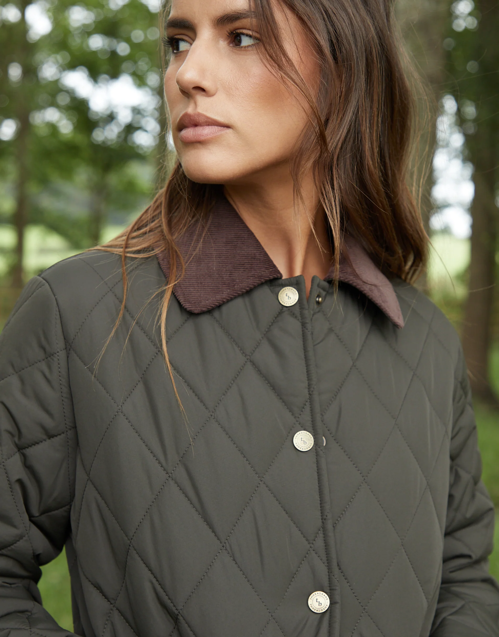 Cord Collar Diamond Quilted Heritage Jacket in Khaki Green - Image 5