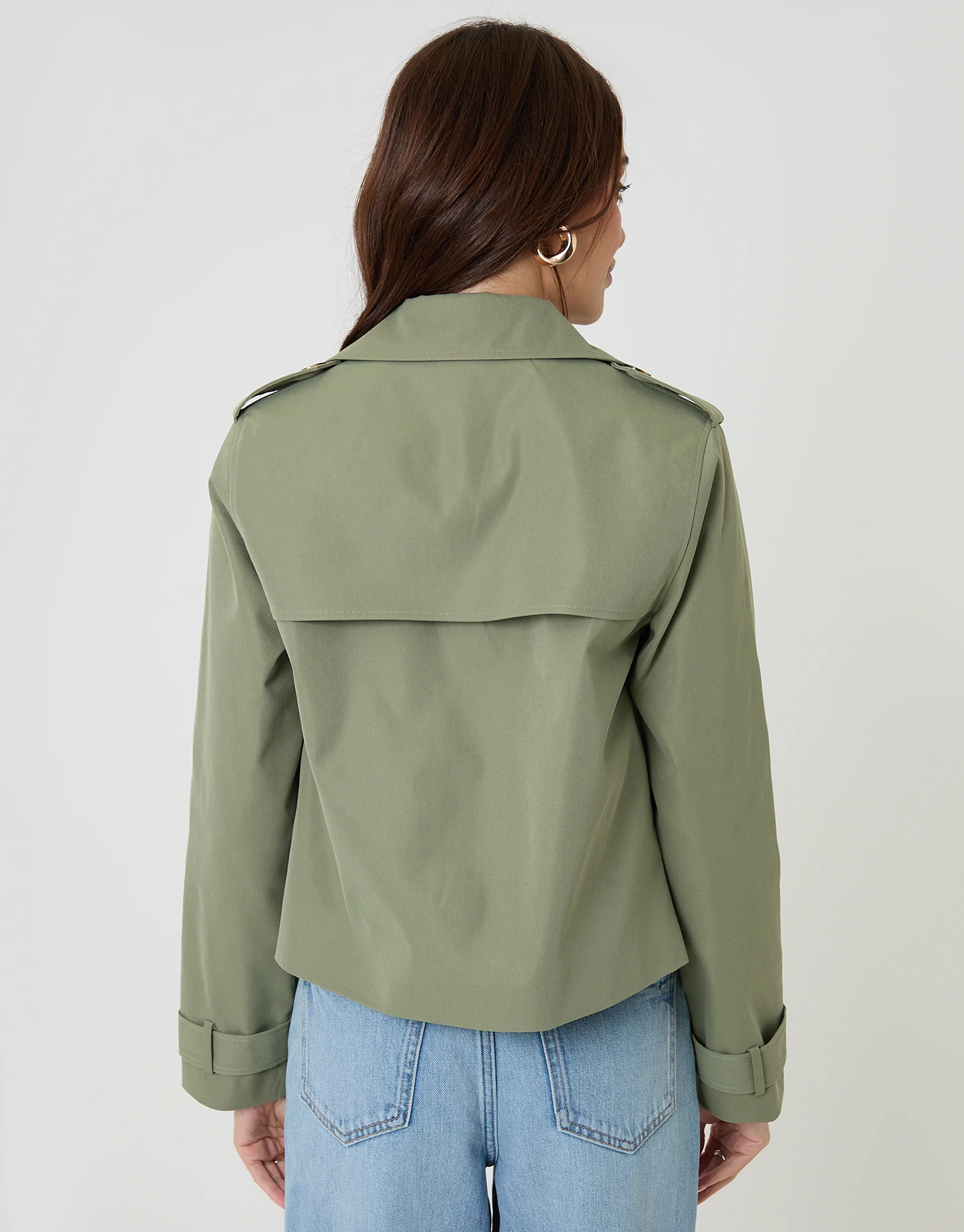 Double Breasted Cropped Trench Coat in Khaki Green - Image 3