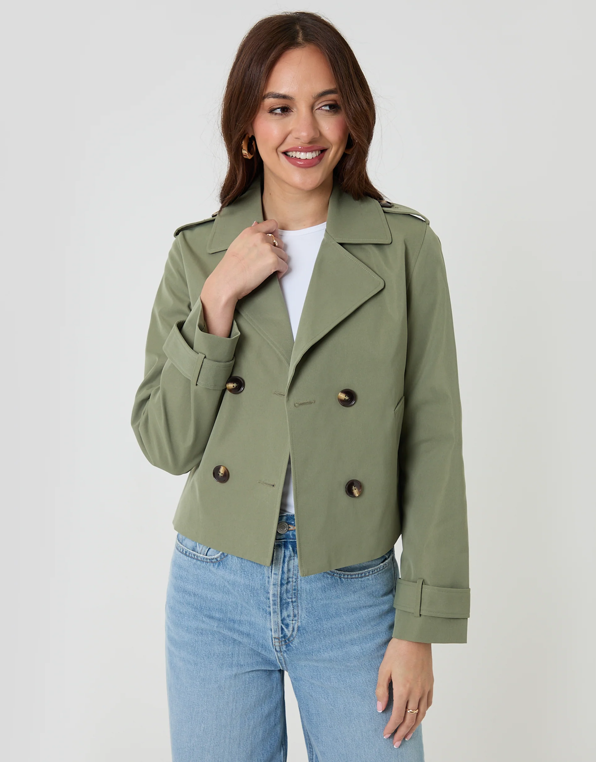 Double Breasted Cropped Trench Coat in Khaki Green - Image 5