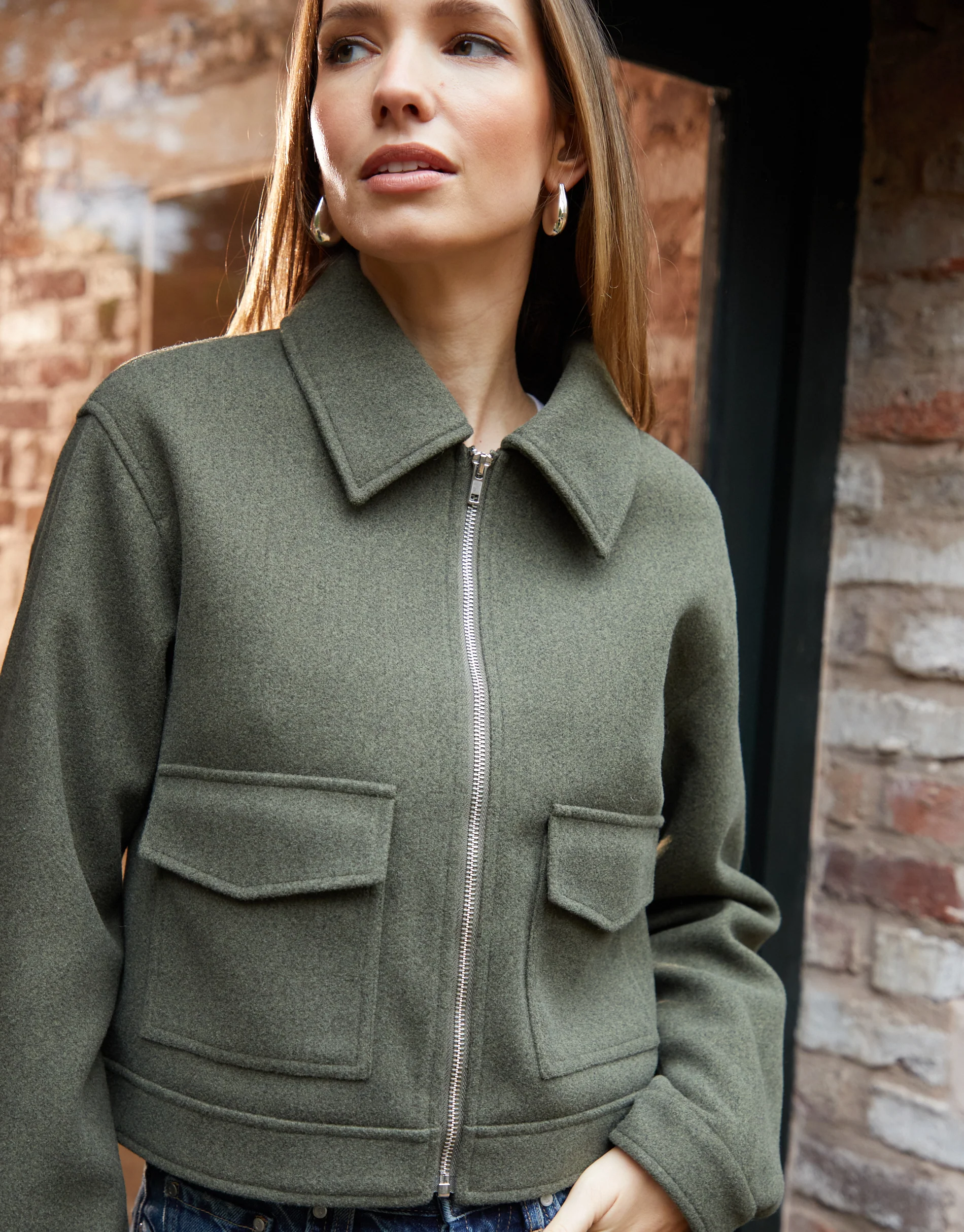 Faux Wool Collared Harrington Jacket in Khaki Green