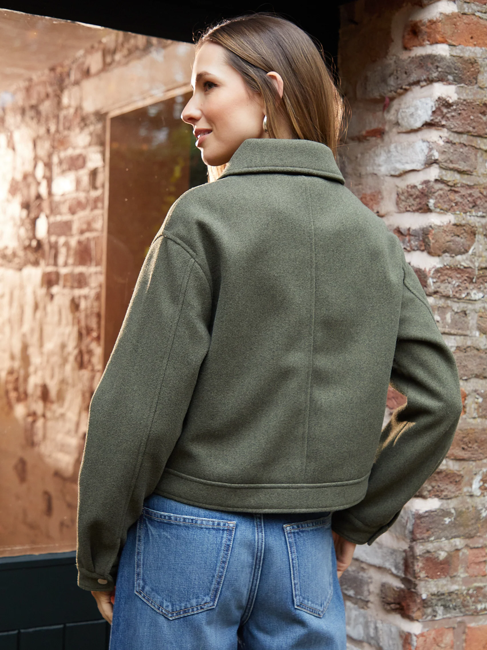 Faux Wool Collared Harrington Jacket in Khaki Green - Image 3
