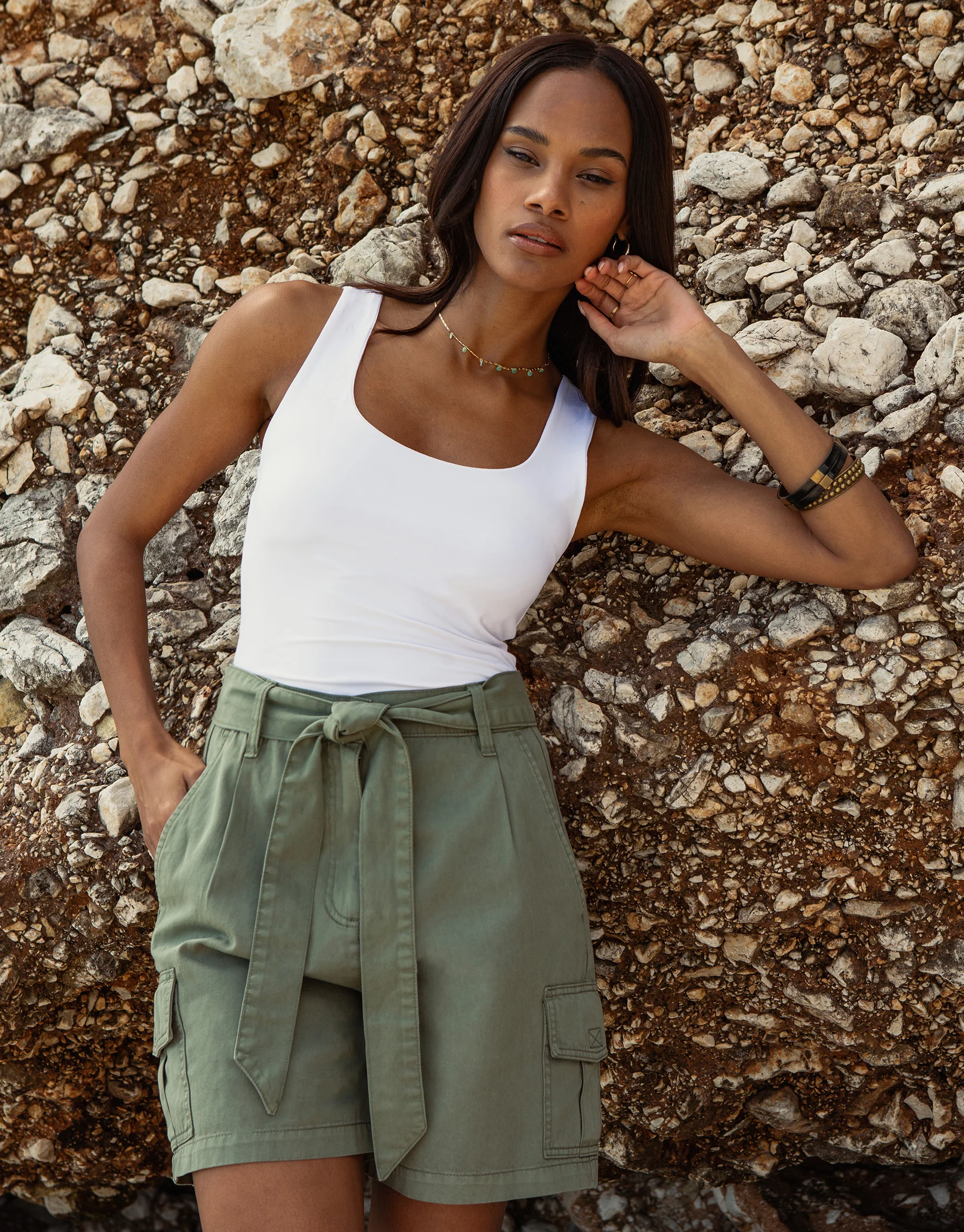 Belted Cargo Shorts in Khaki Green - Image 3