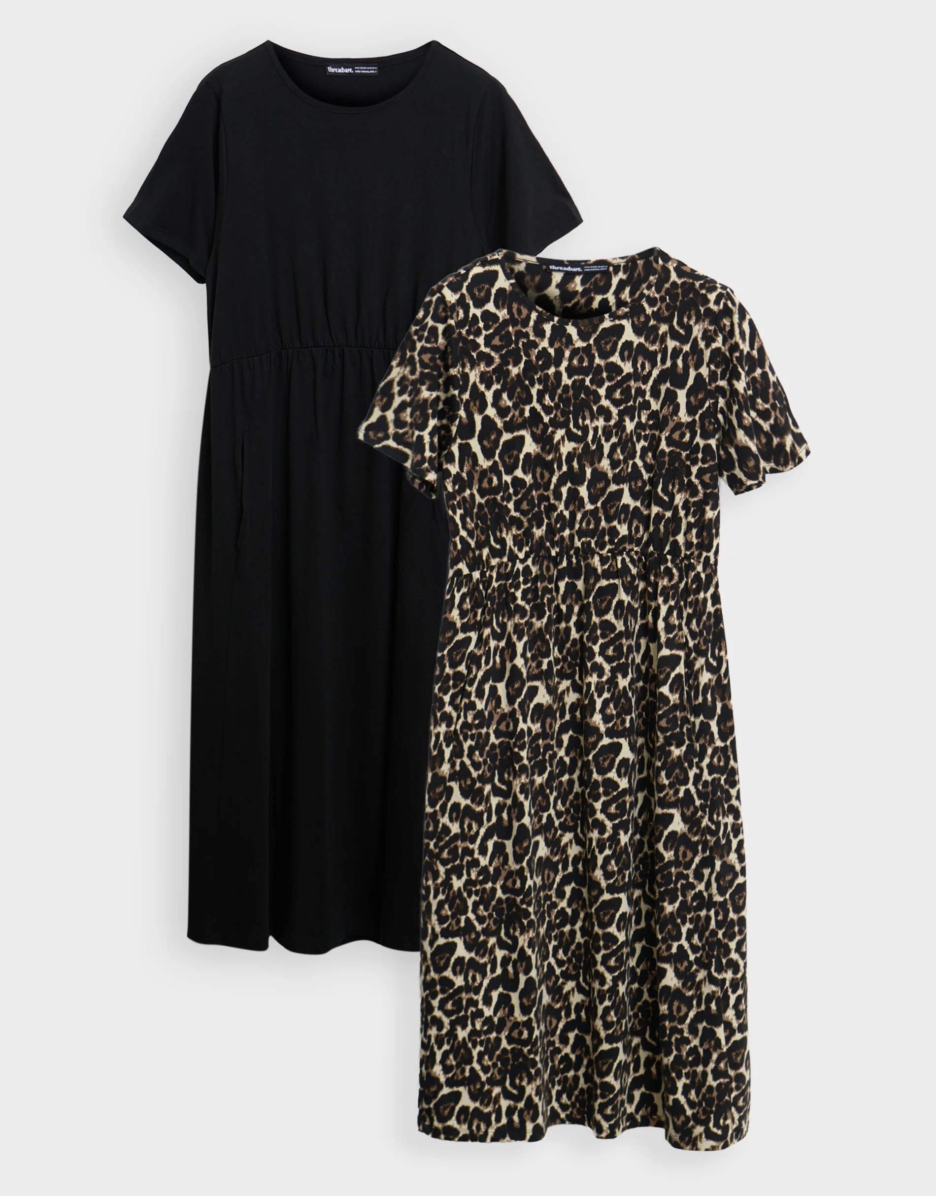2 Pack Jersey Midi Smock Dresses with Pockets in Leopard & Black