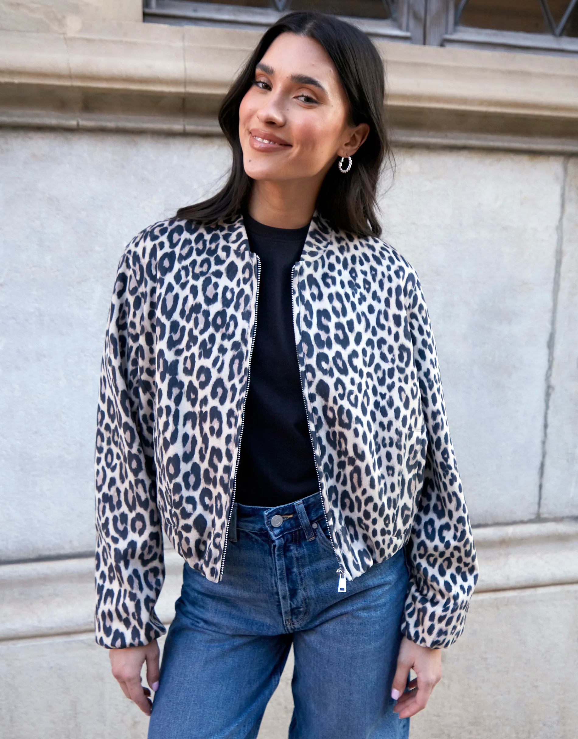 Print Bubble Hem Suedette Bomber Jacket in Leopard