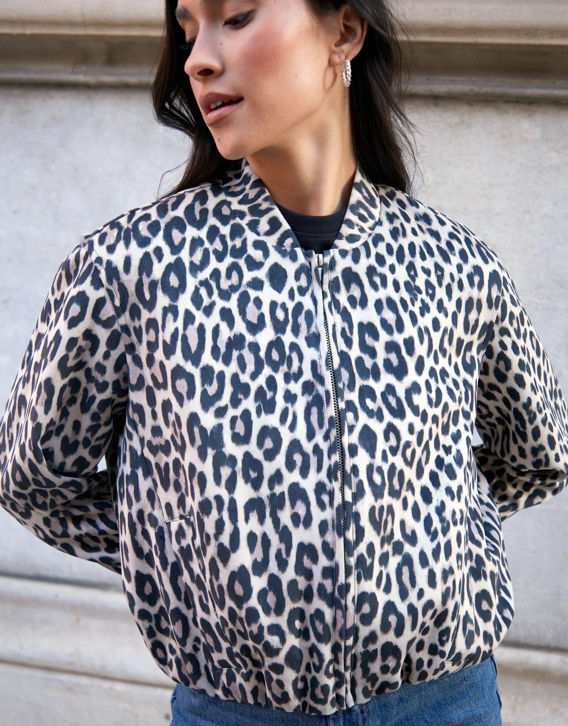Print Bubble Hem Suedette Bomber Jacket in Leopard - Image 3