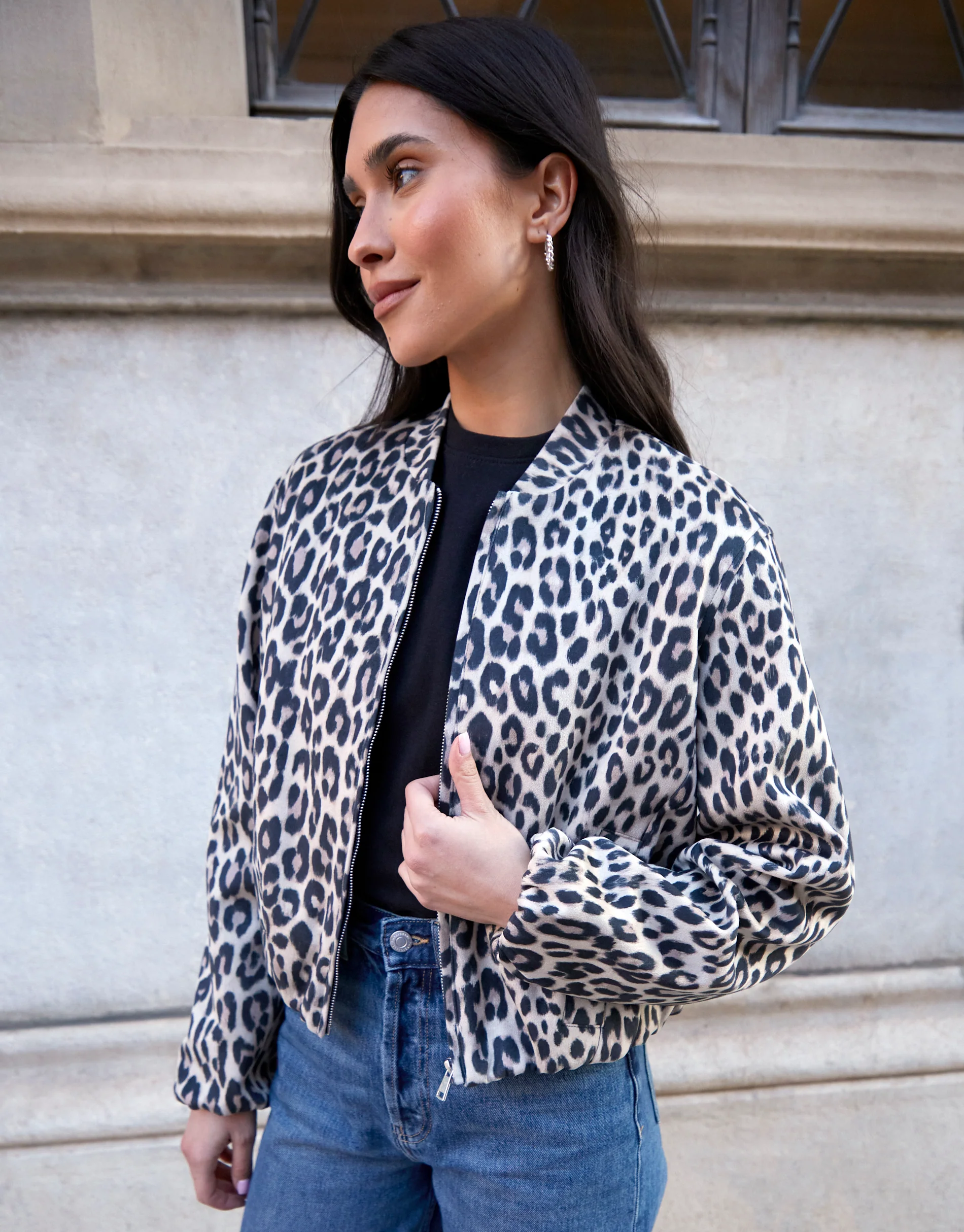Print Bubble Hem Suedette Bomber Jacket in Leopard - Image 4