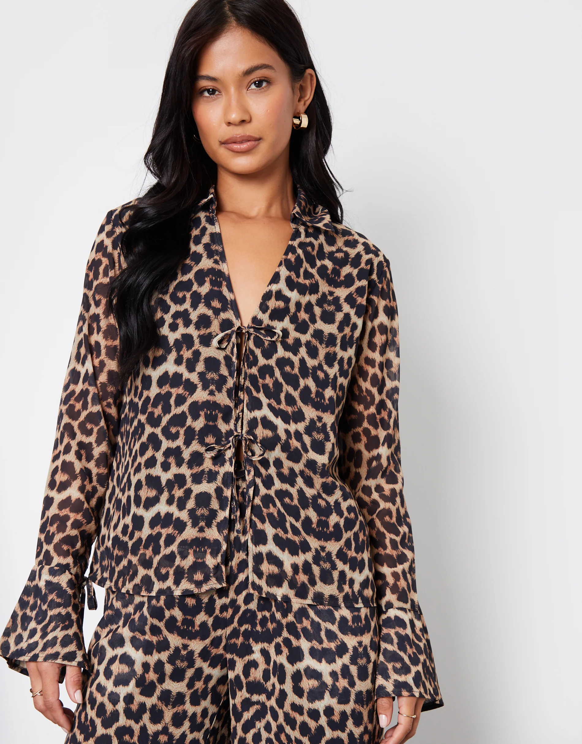 Chiffon Tie Front Blouse in Leopard Print