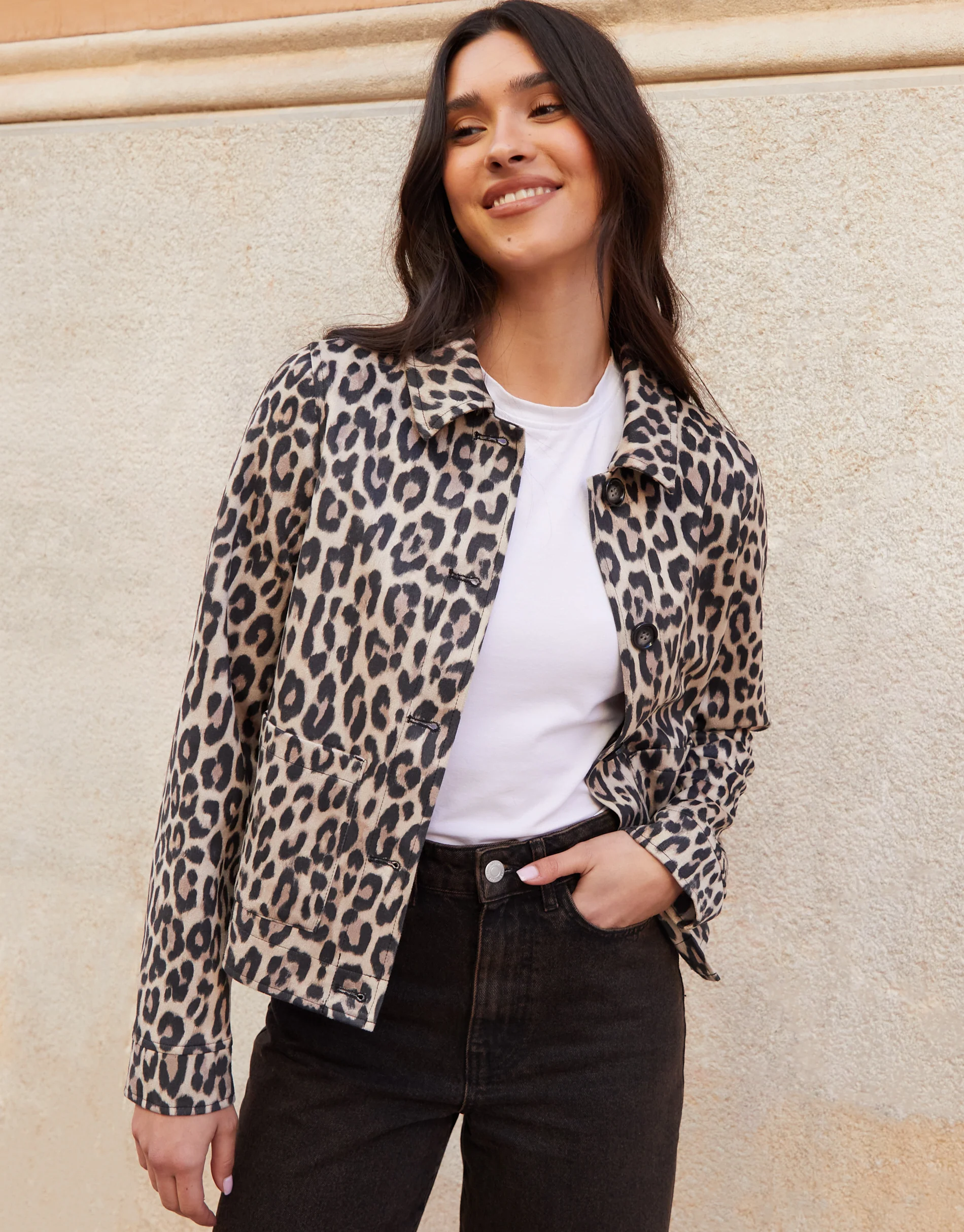 Cropped Button Up Suedette Shacket in Leopard Print