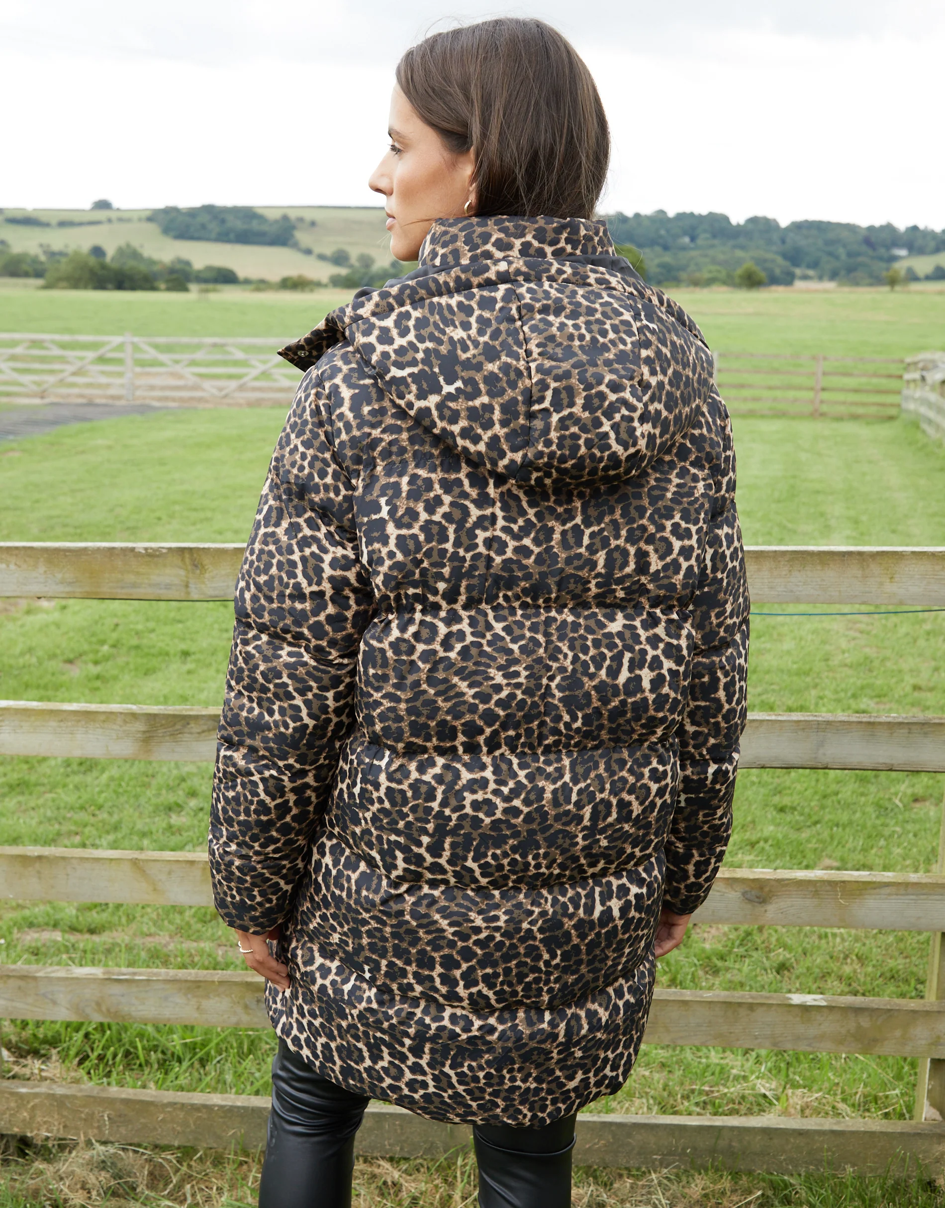 Leopard Mid Length Hooded Puffer Coat in Leopard Print - Image 2