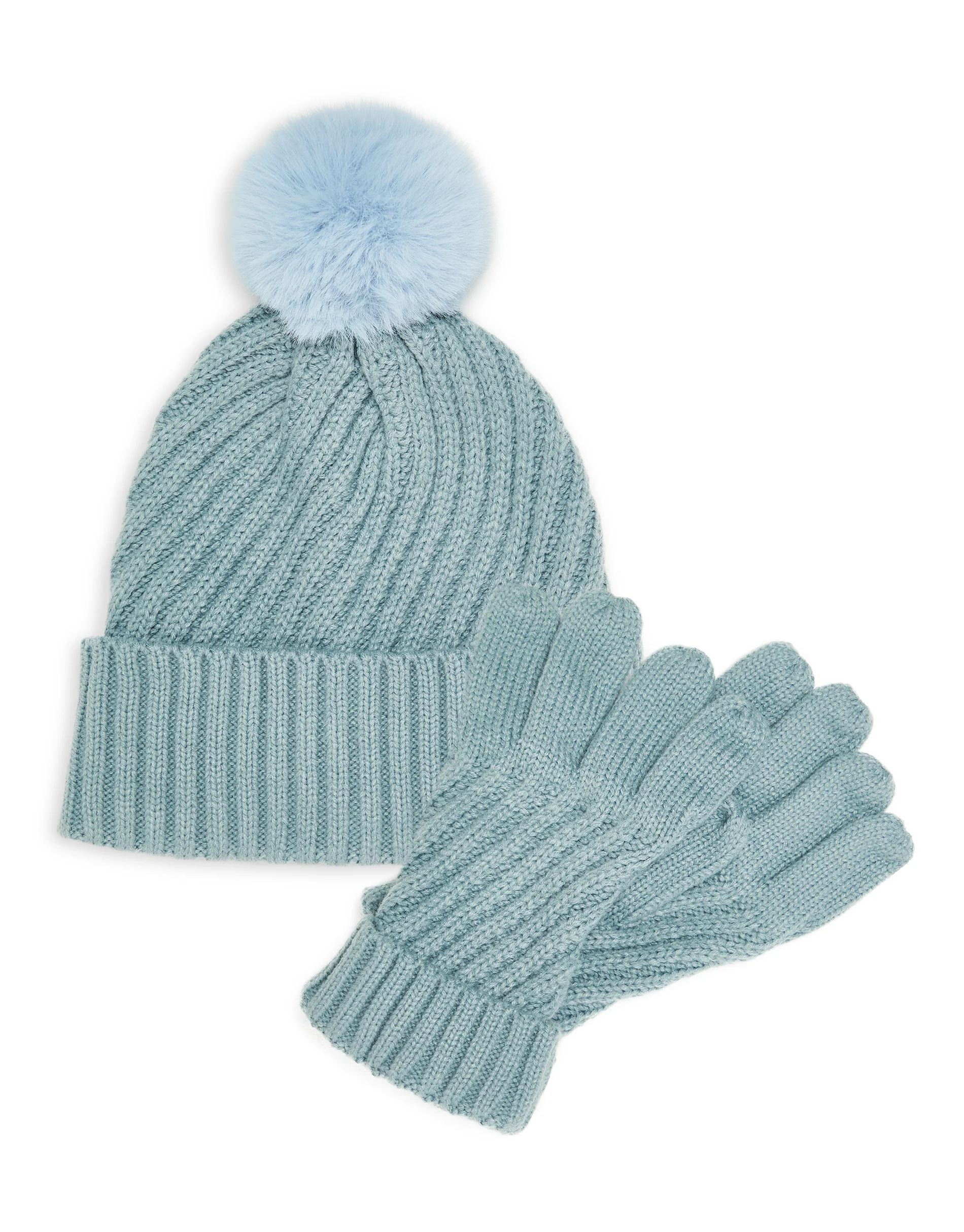 Light Knitted Hat & Gloves Set in Blue - Image 2