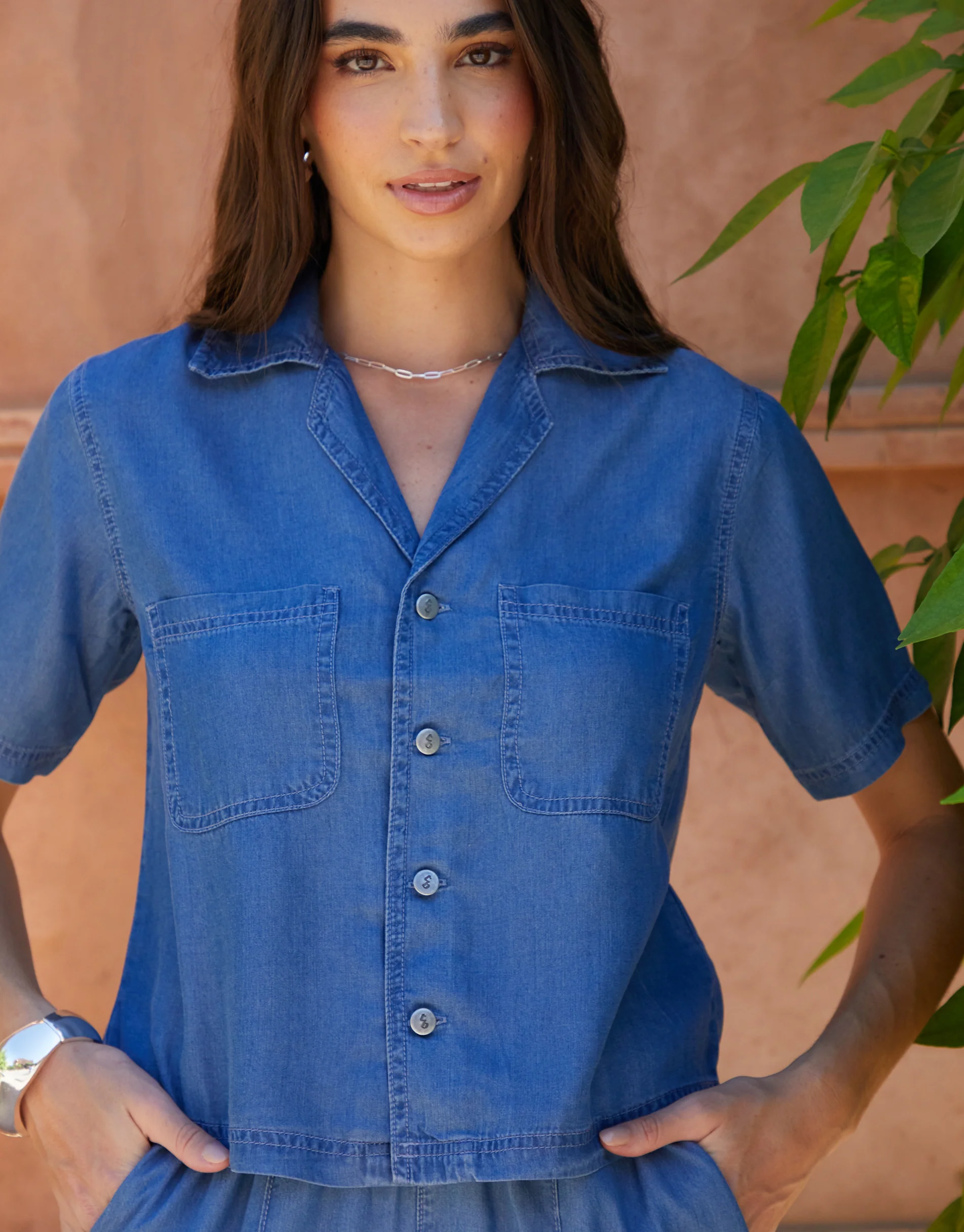 Cropped Chambray Shirt in Light Wash - Image 4