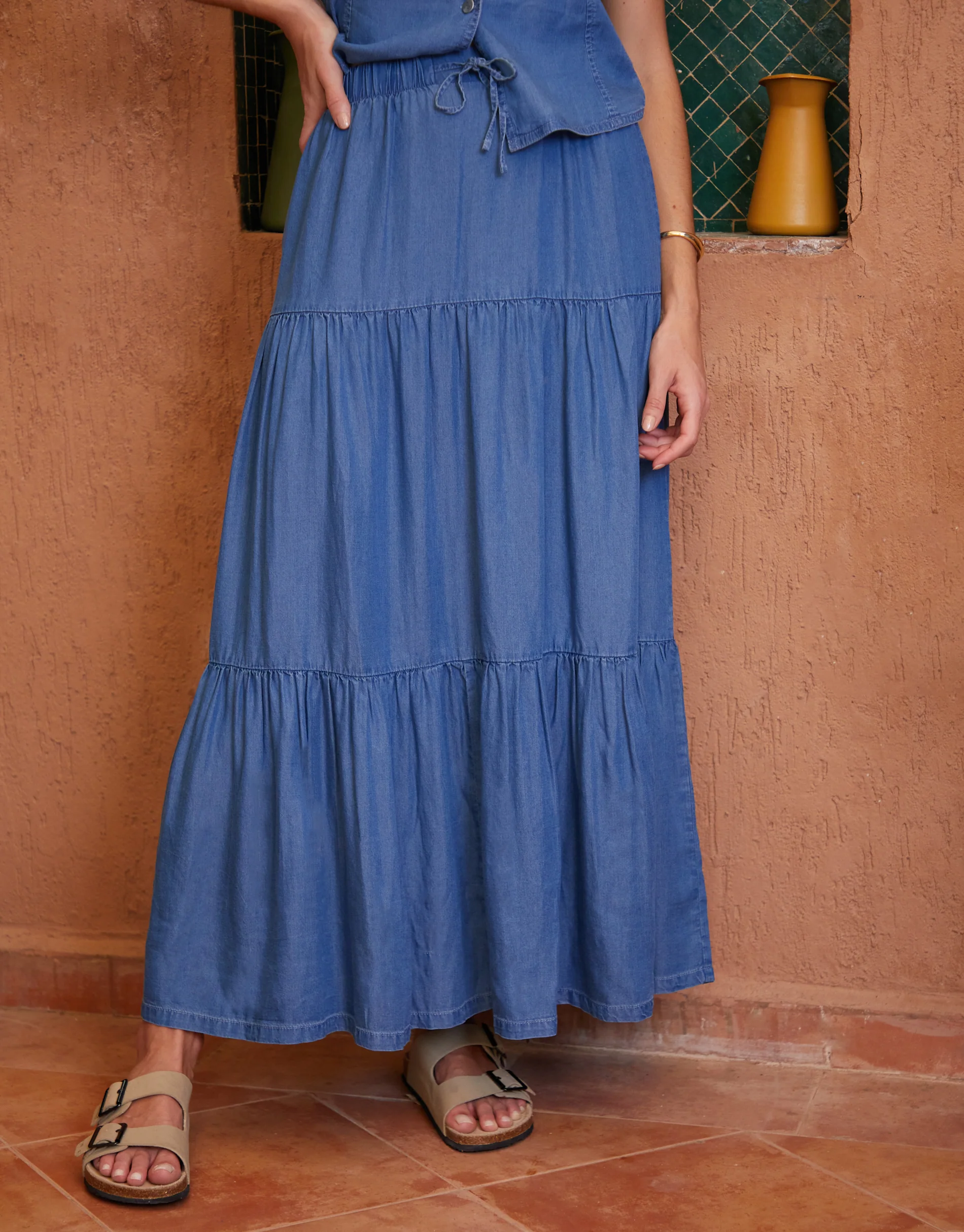 Pull On Tiered Chambray Midi Skirt in Light Wash