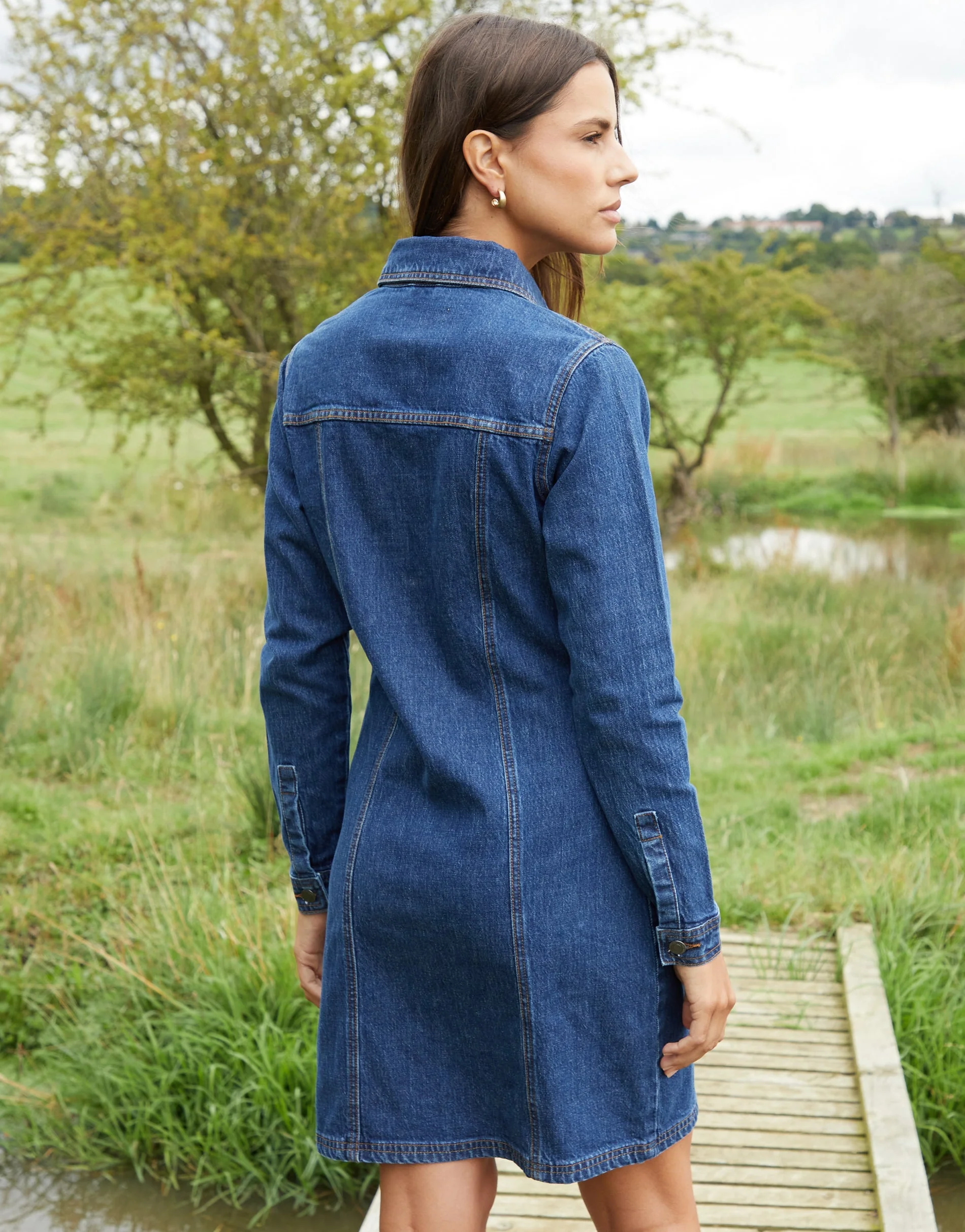 Mid Blue Wash Long Sleeve Denim Mini Dress in Mid Wash - Image 2