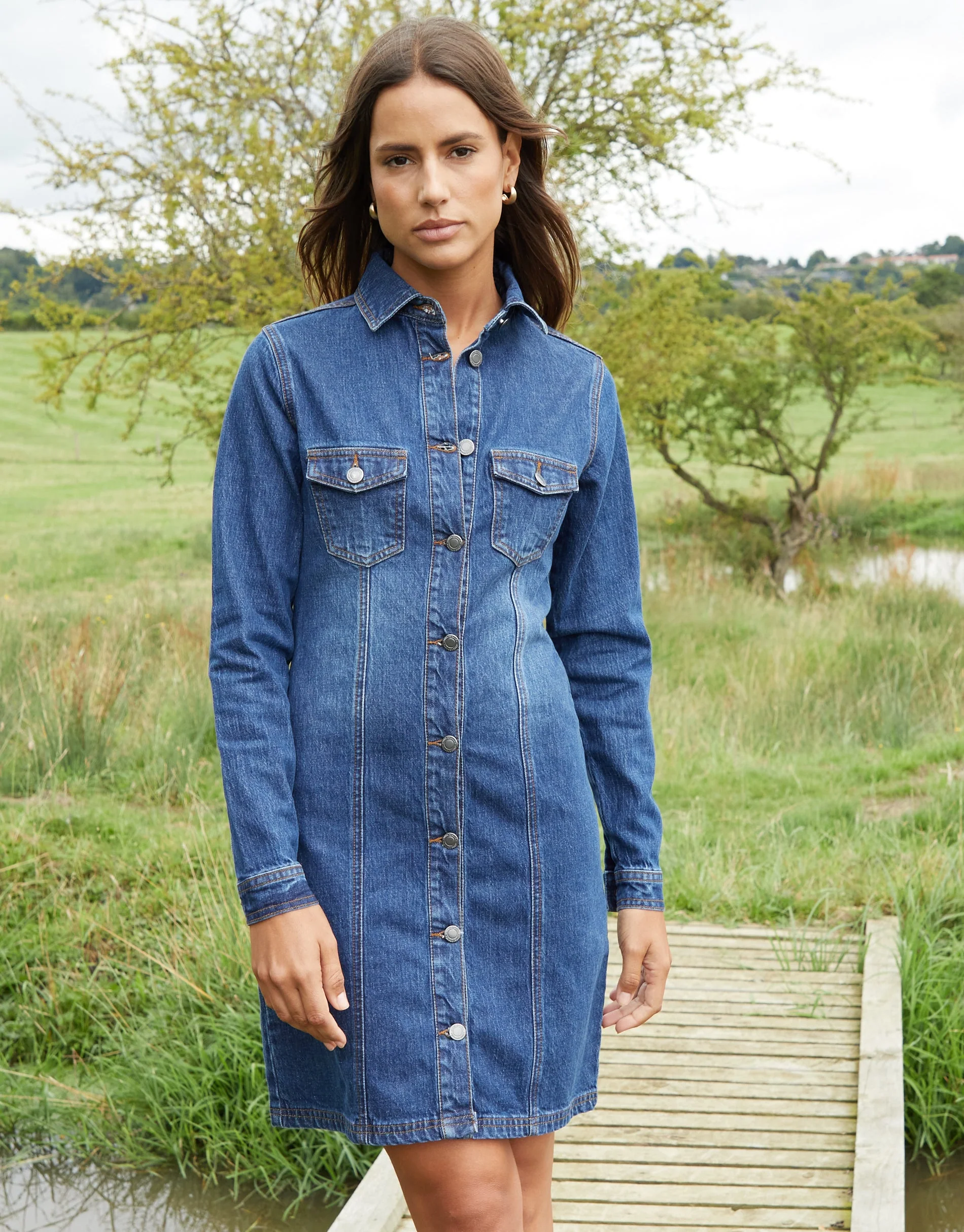 Mid Blue Wash Long Sleeve Denim Mini Dress in Mid Wash - Image 4