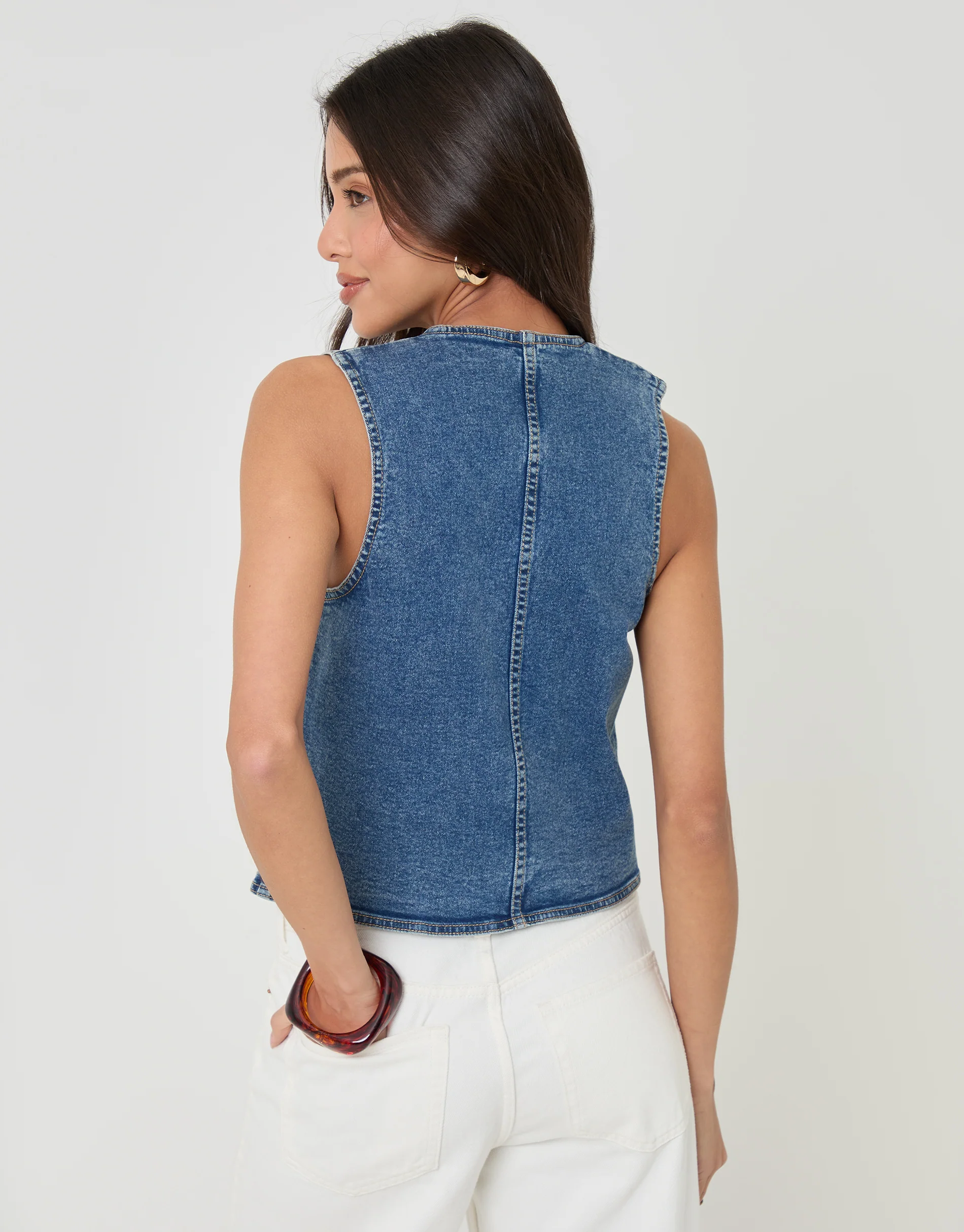 Fitted Denim Waistcoat in Mid Wash - Image 2