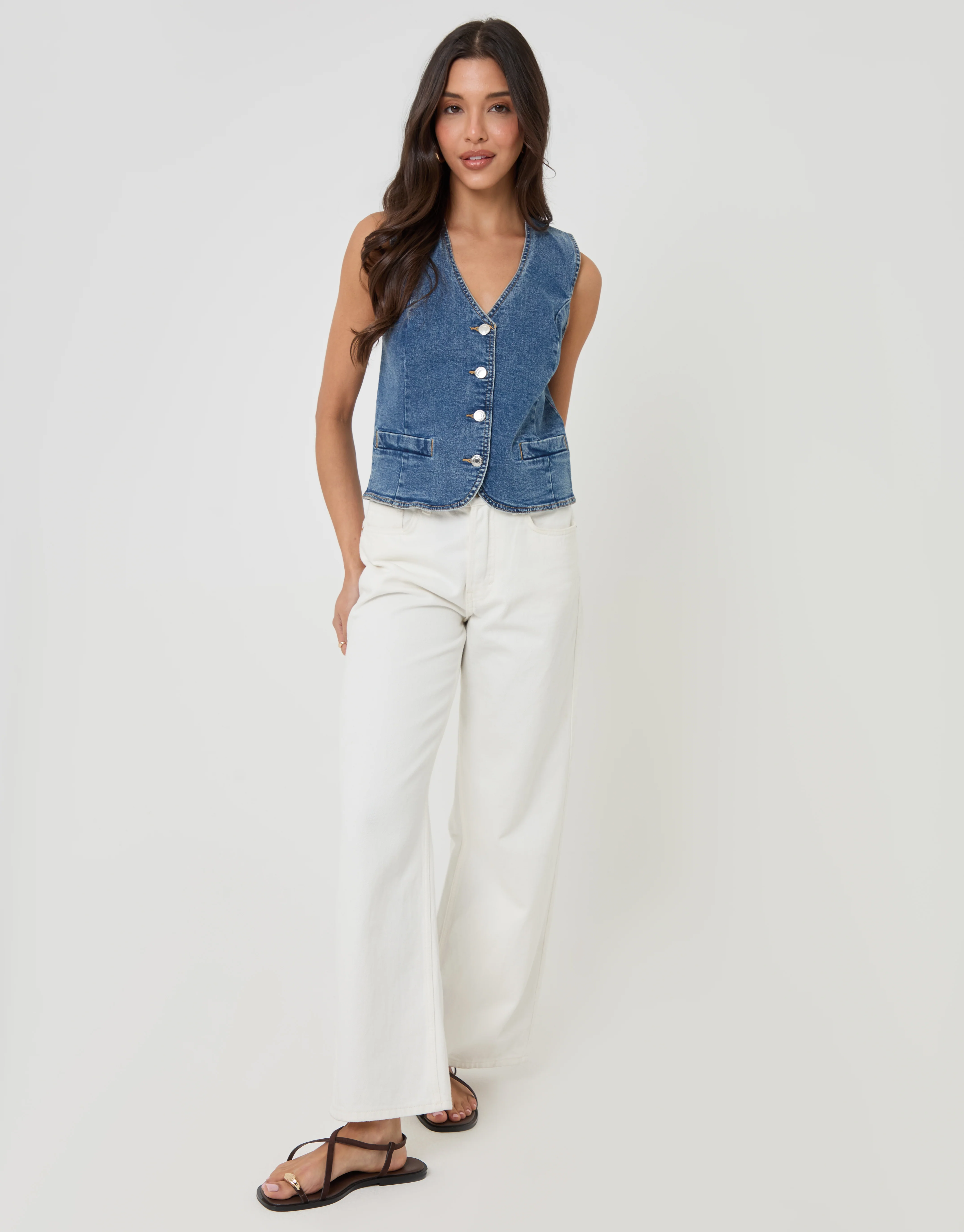 Fitted Denim Waistcoat in Mid Wash - Image 3