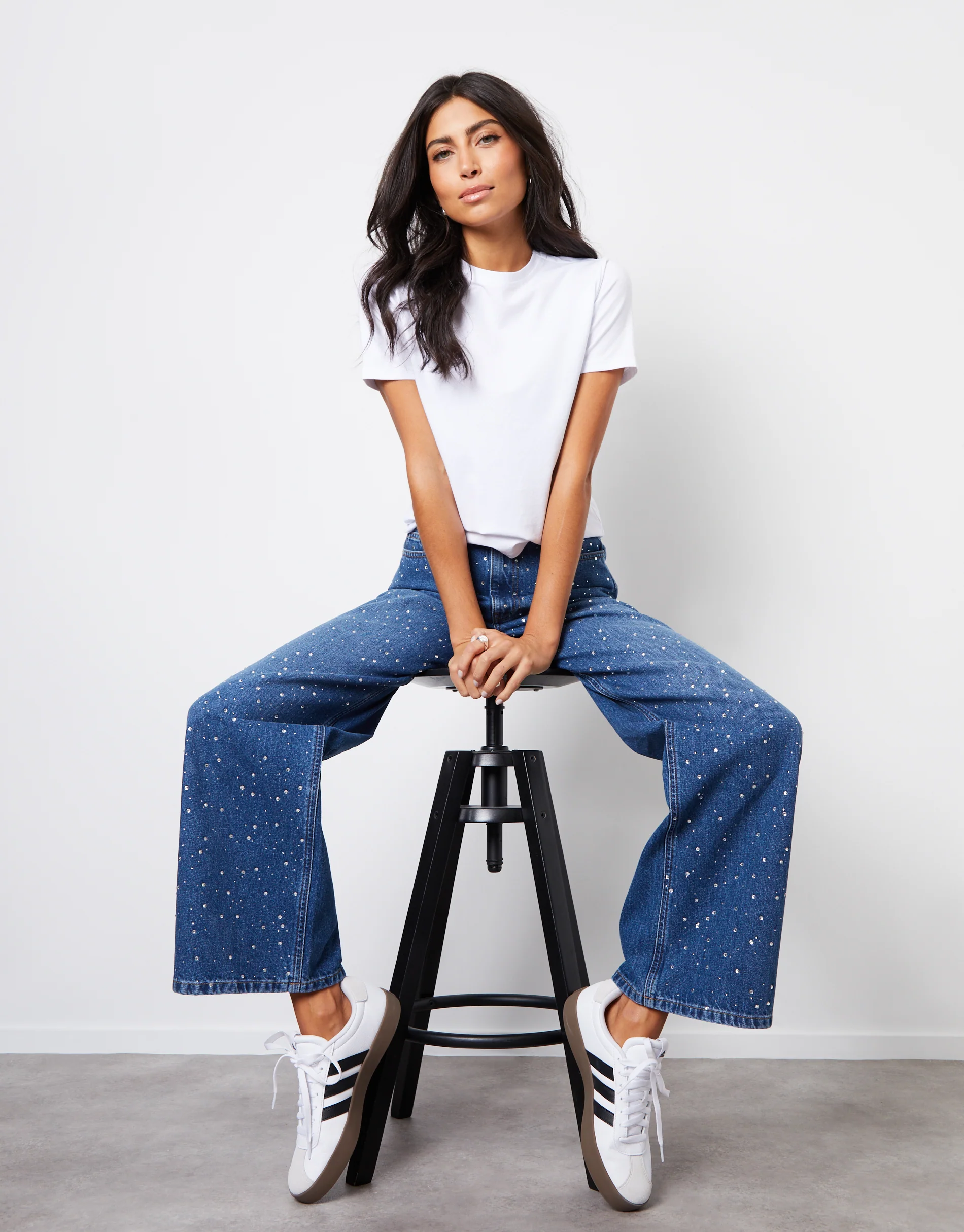 Wide Leg Rhinestone Embellished Jeans in Mid Wash - Image 2