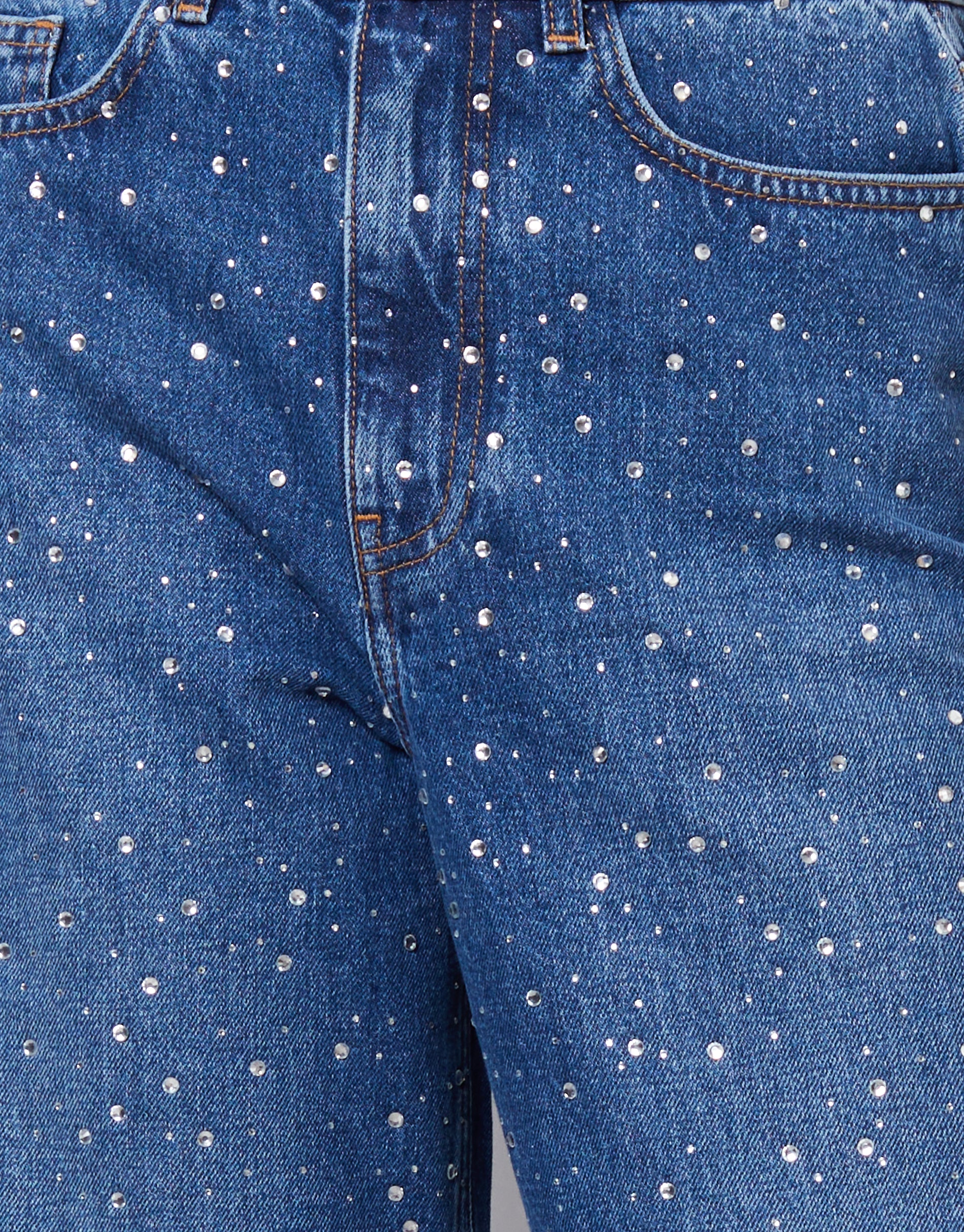 Wide Leg Rhinestone Embellished Jeans in Mid Wash - Image 5
