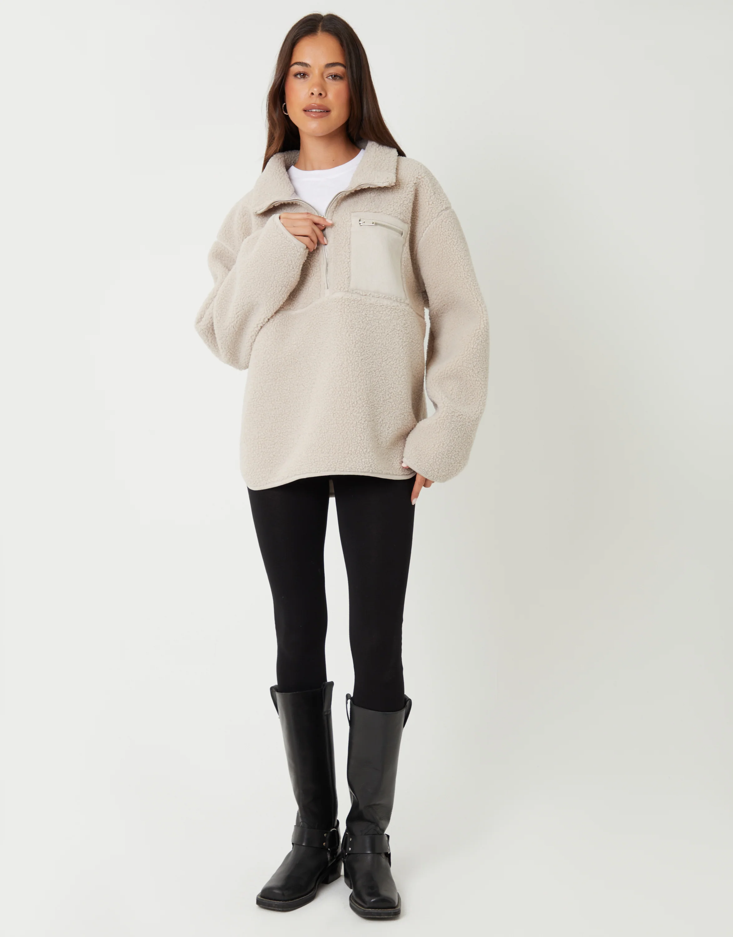 Half Zip Borg Fleece in Mushroom - Image 3
