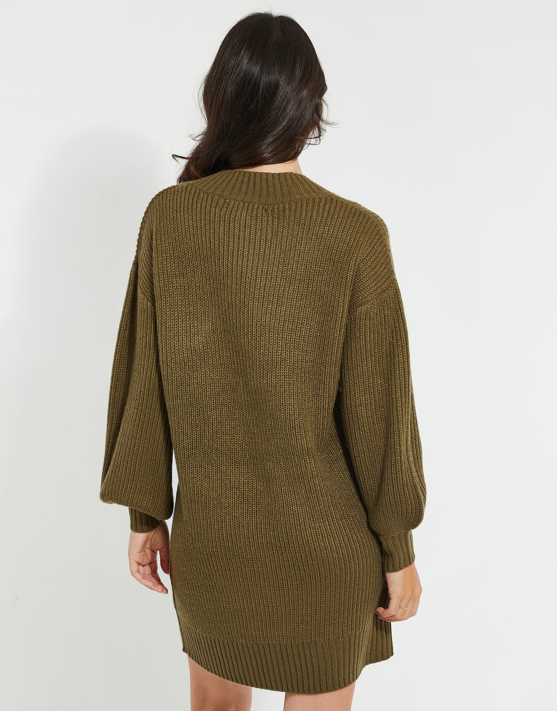V-Neck Knitted Jumper Dress in Khaki Green - Image 2