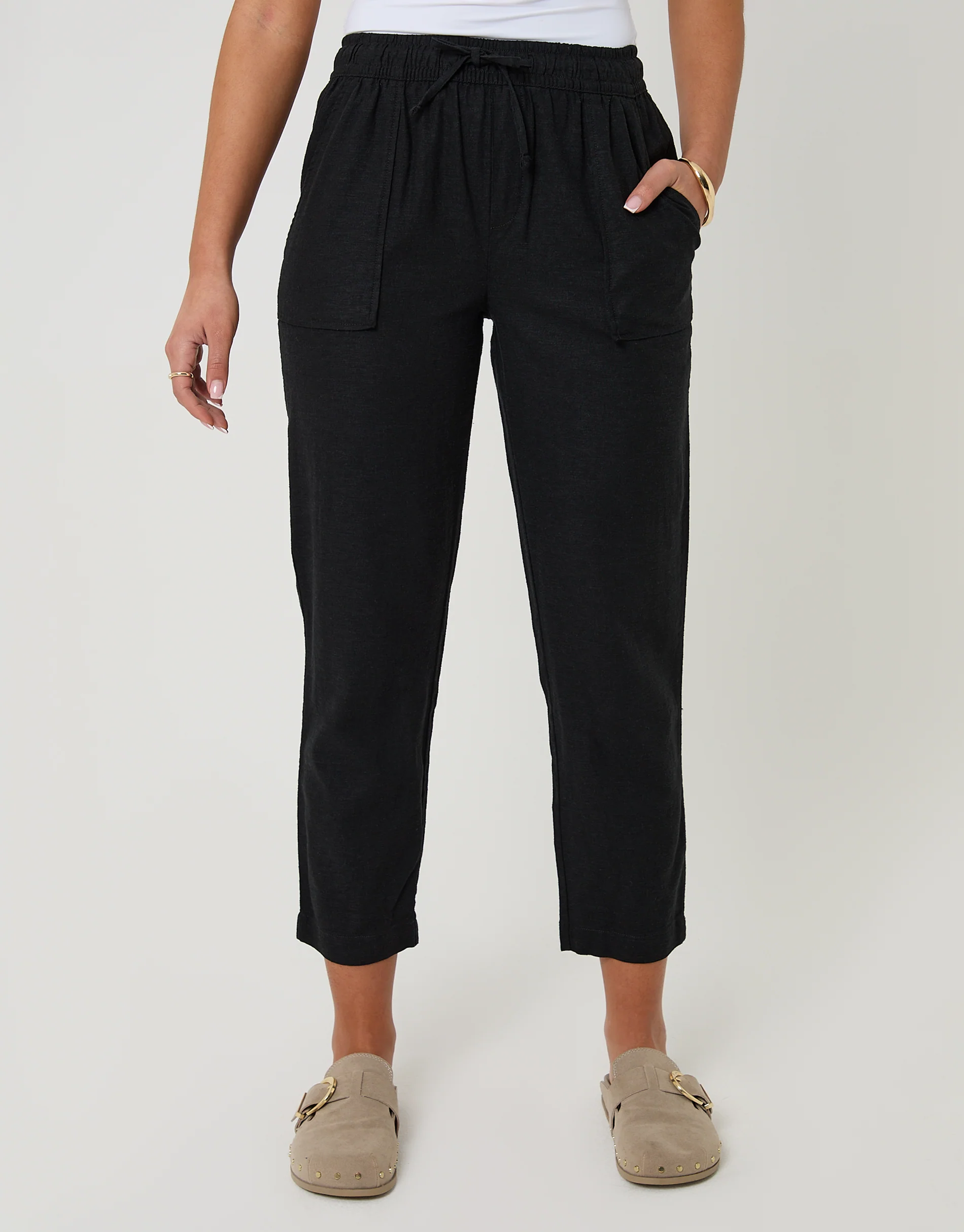 Petite Linen Blend Drawstring Trousers in Black - Image 2