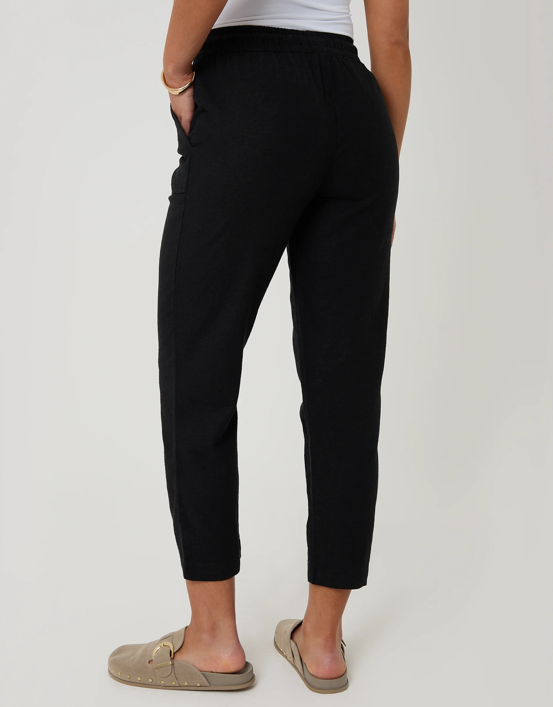 Petite Linen Blend Drawstring Trousers in Black - Image 3