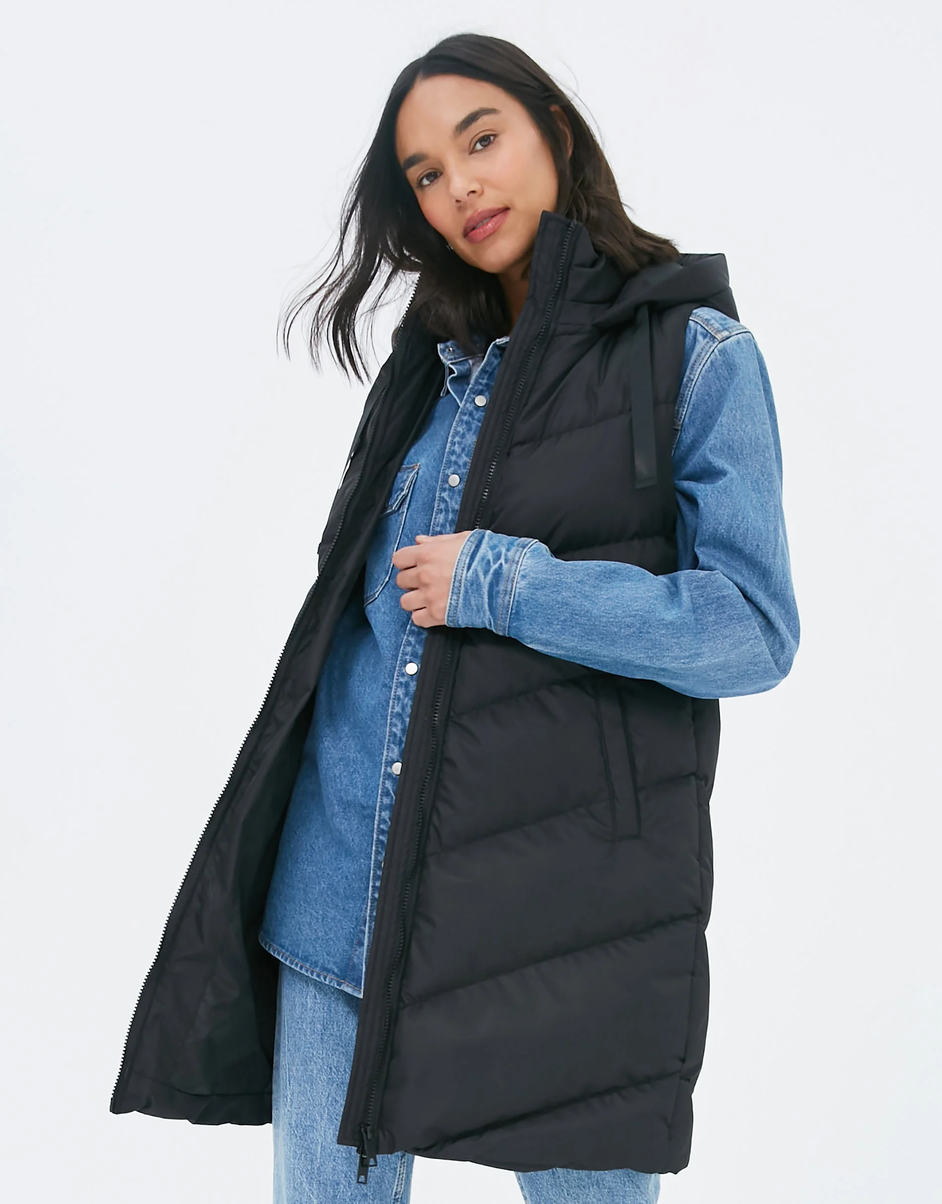 Petite Longline Padded Gilet in Black