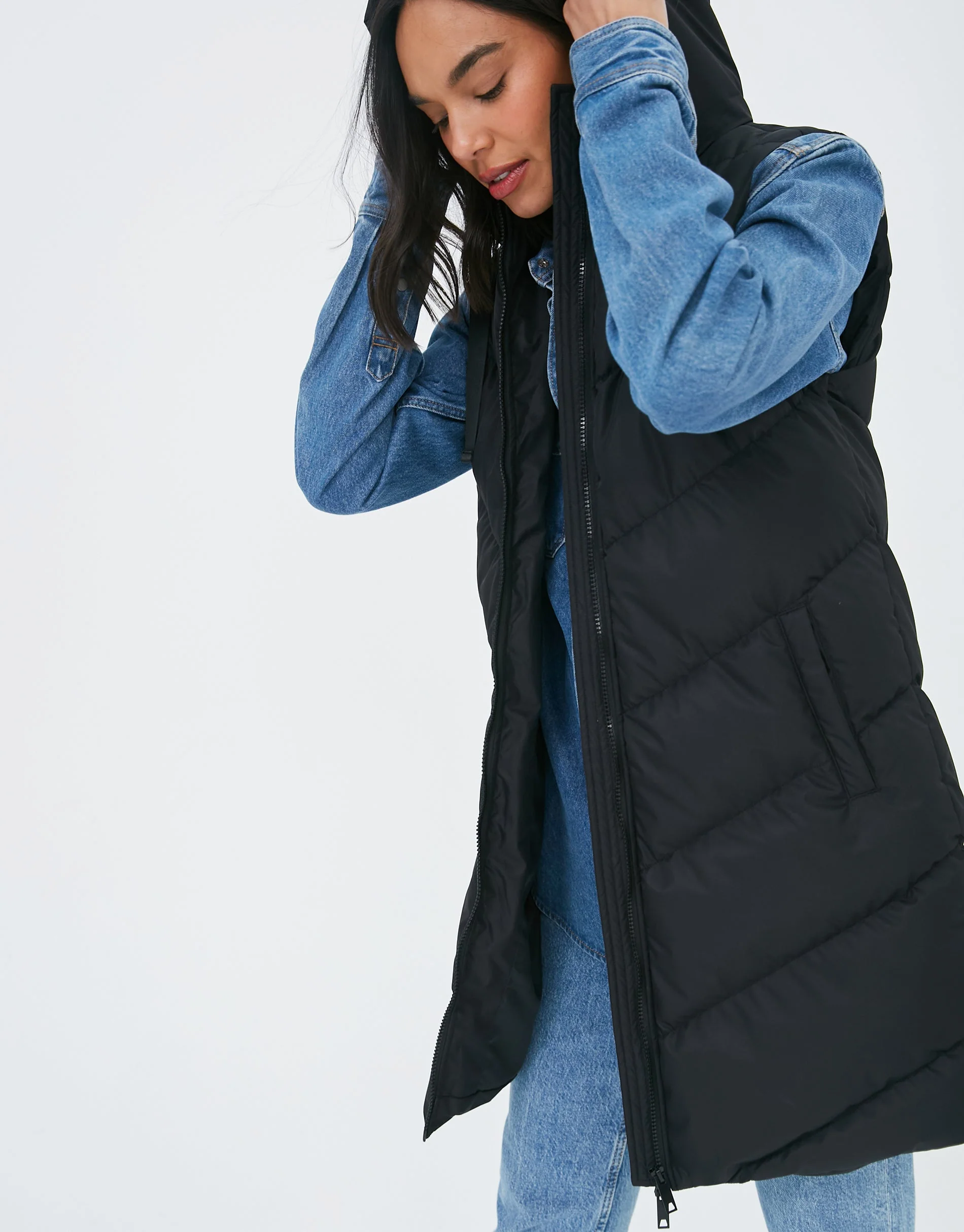Petite Longline Padded Gilet in Black - Image 3