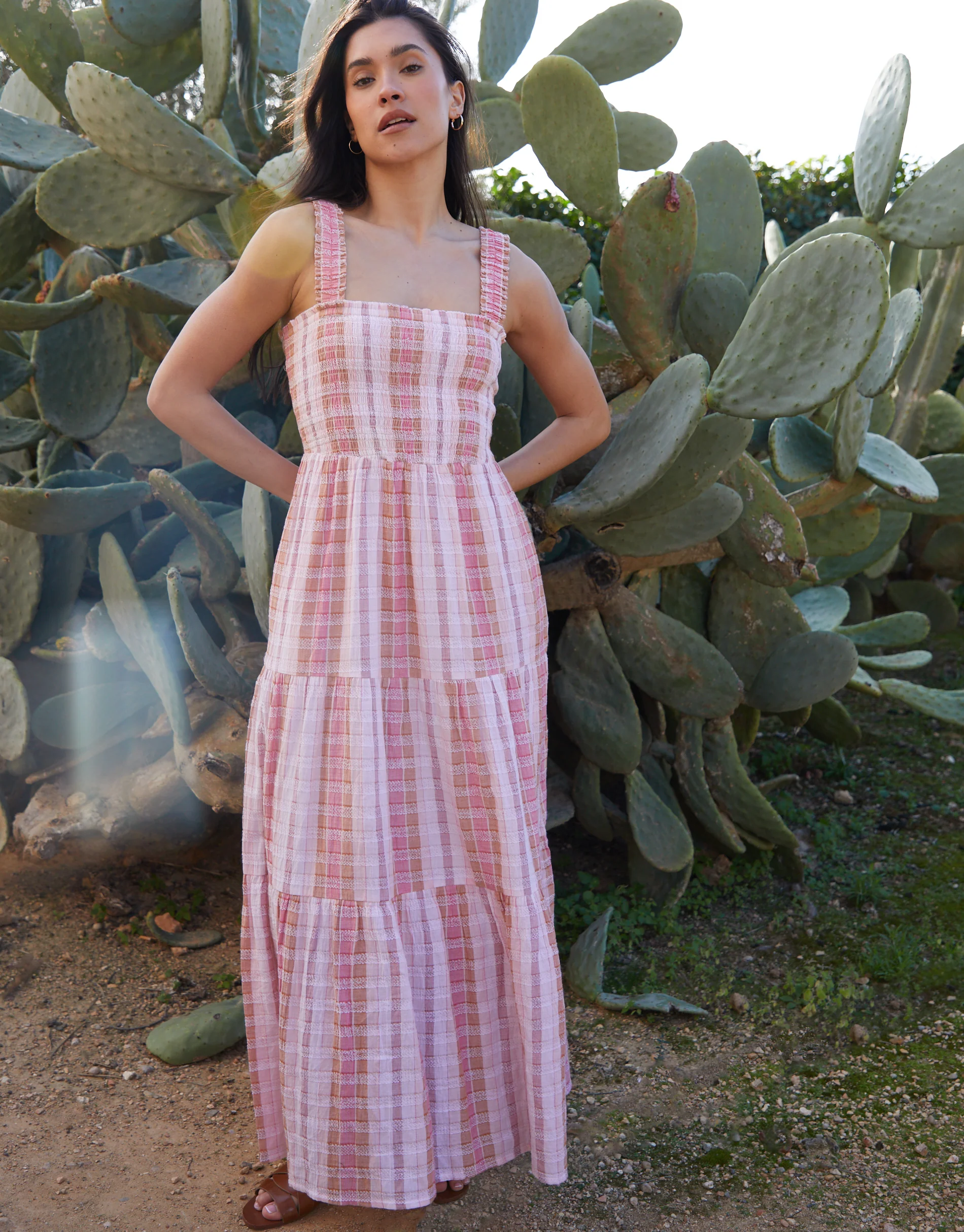 Shirred Gauze Tiered Midi Dress in Pink Check