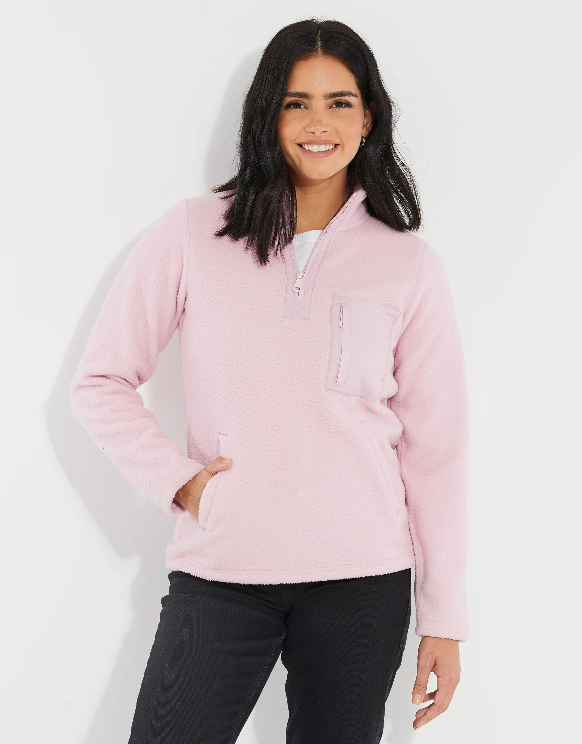 Quarter Zip Faux Borg Fleece in Pink
