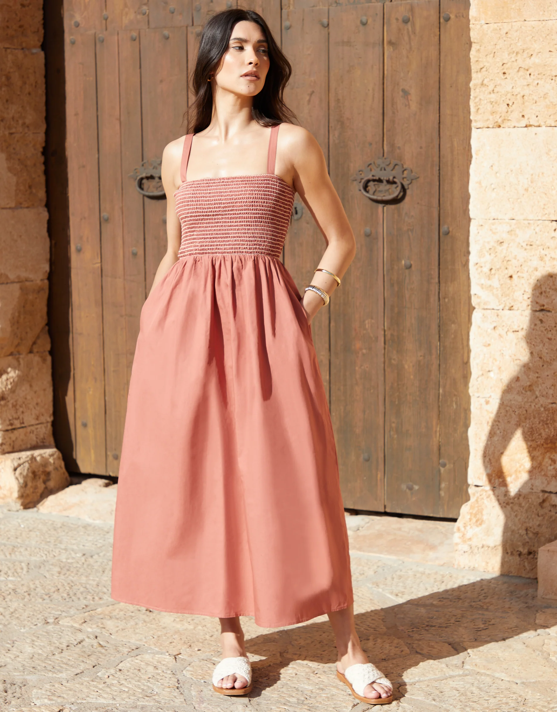 Shirred Bodice Midaxi Dress in Pink