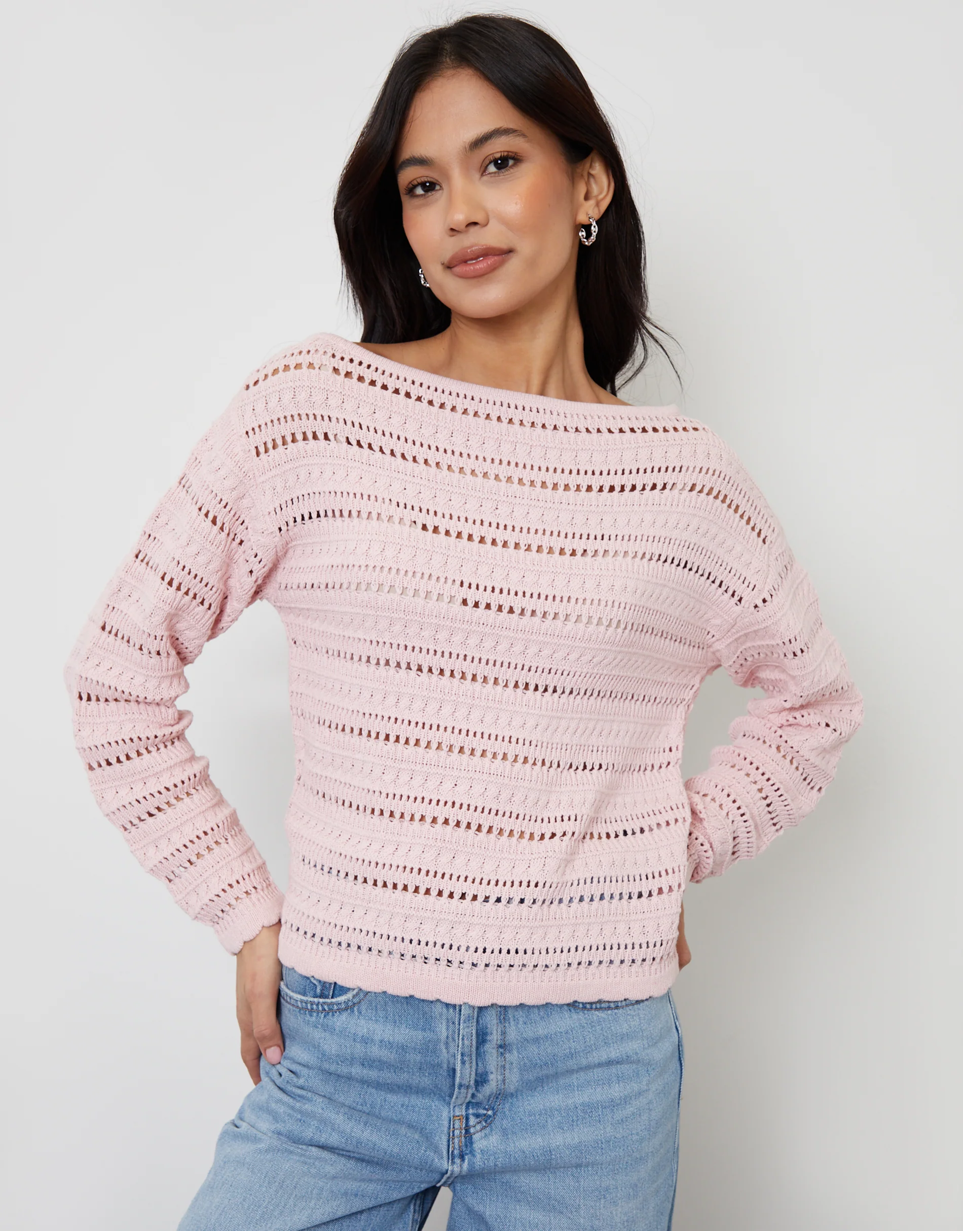 Slash Neck Pointelle Knit Jumper in Pink - Image 3