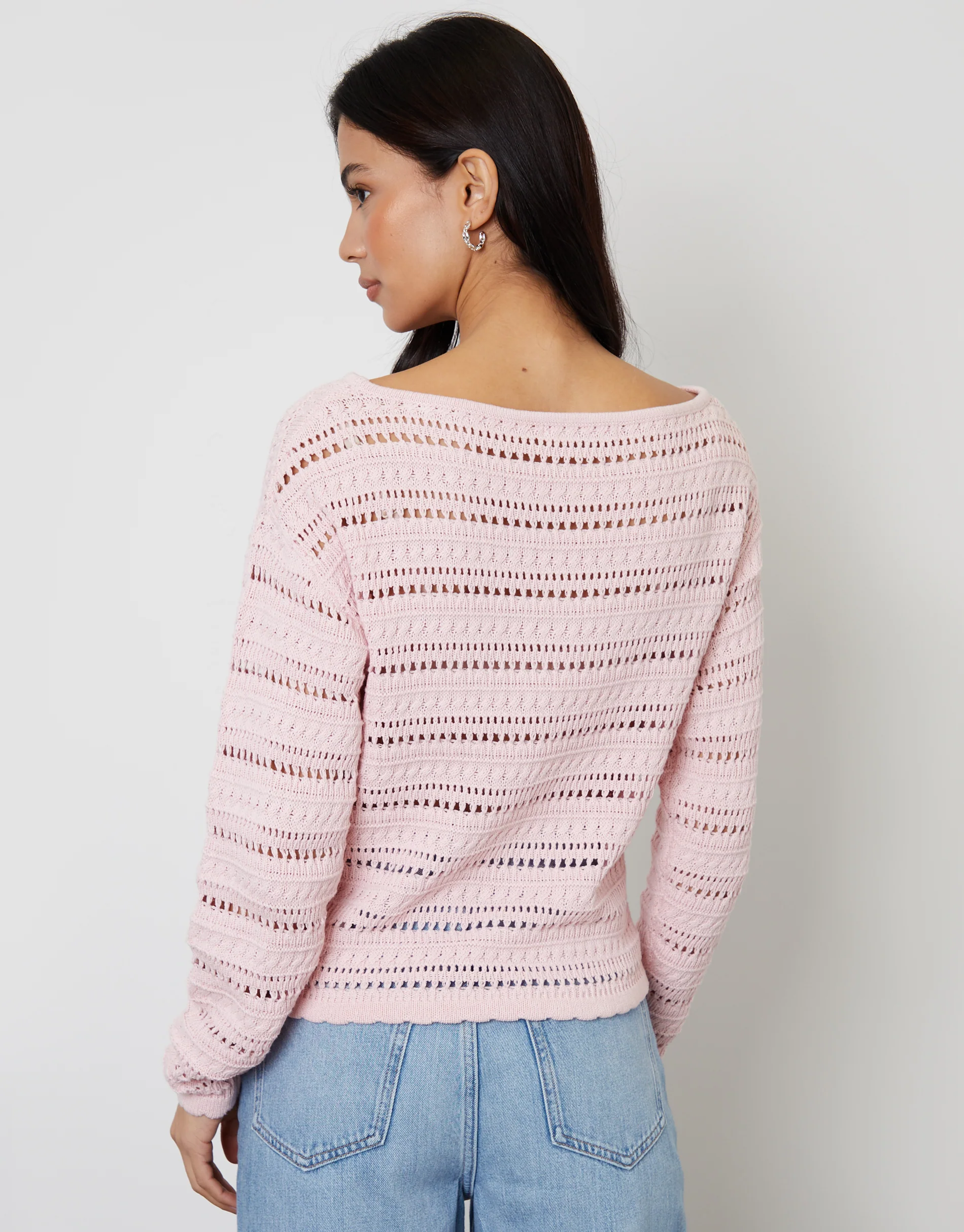 Slash Neck Pointelle Knit Jumper in Pink - Image 4
