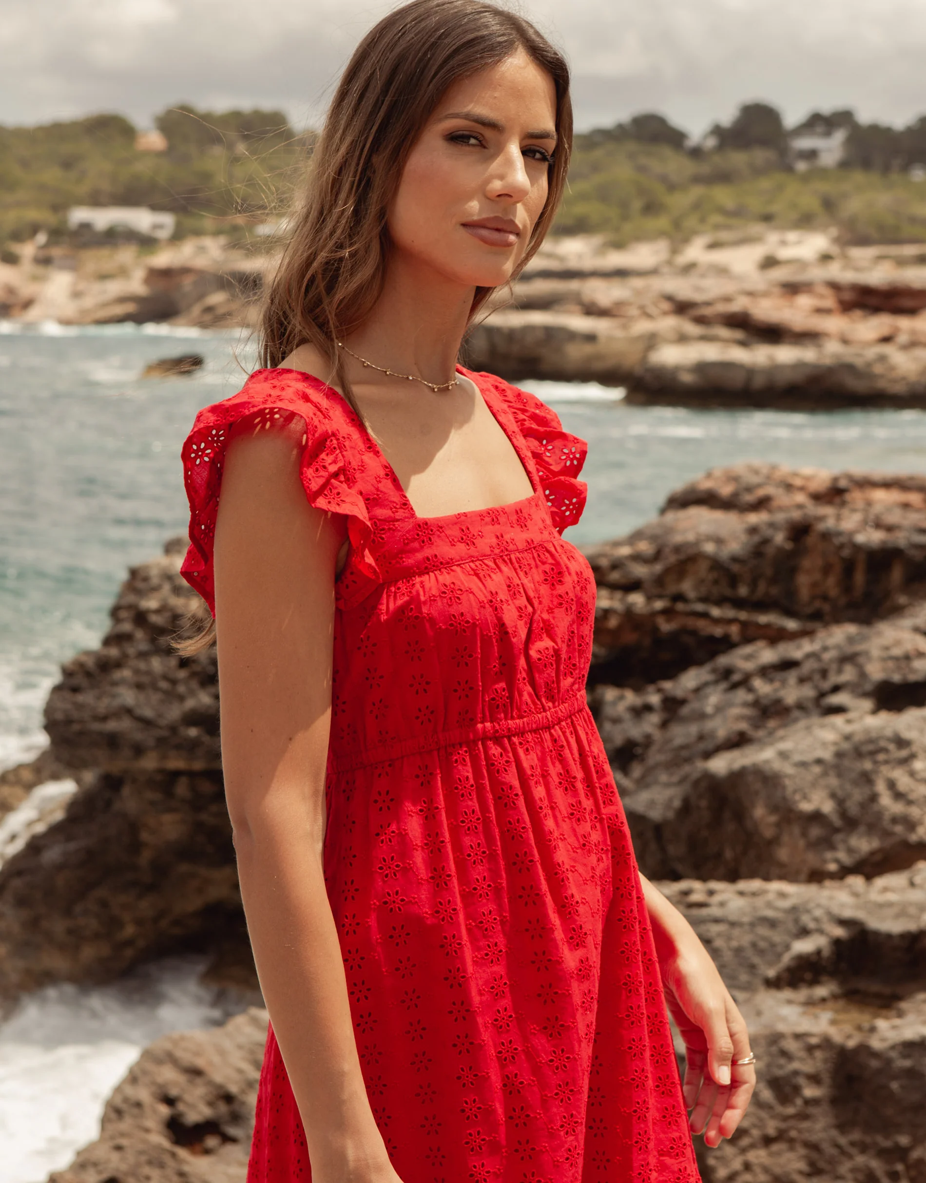Broderie Anglaise Frill Sleeve Tiered Midi Smock Dress in Red - Image 4