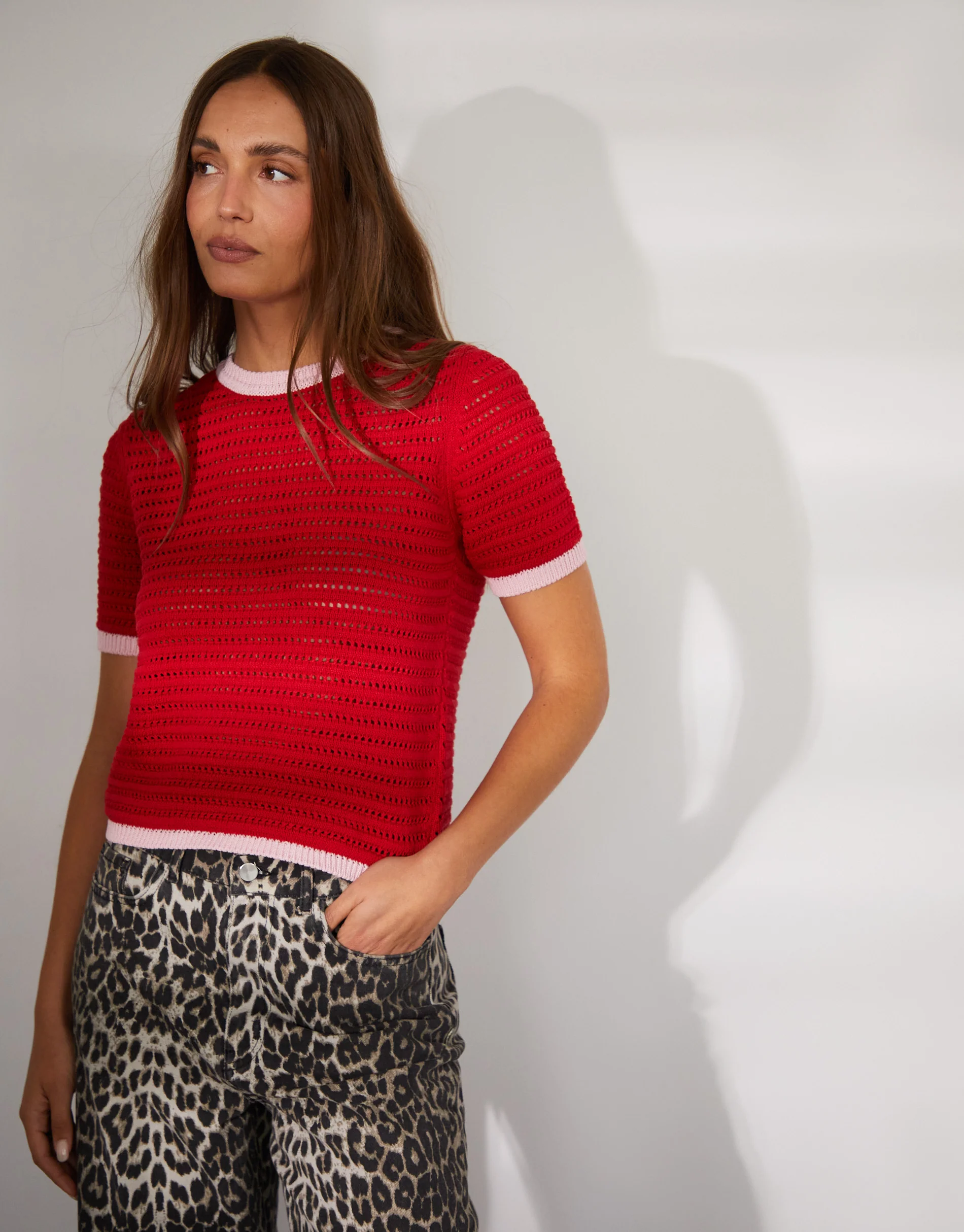 Contrast Tipping Crochet T-Shirt in Red