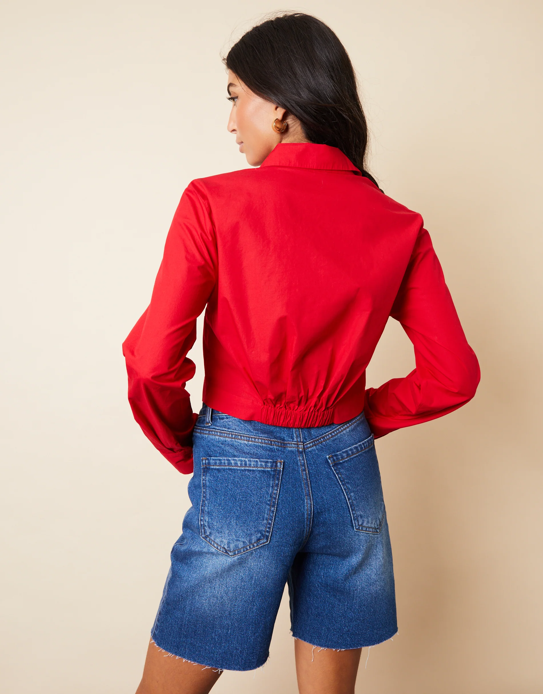 Boxy Cropped Elasticated Hem Shirt in Red - Image 2