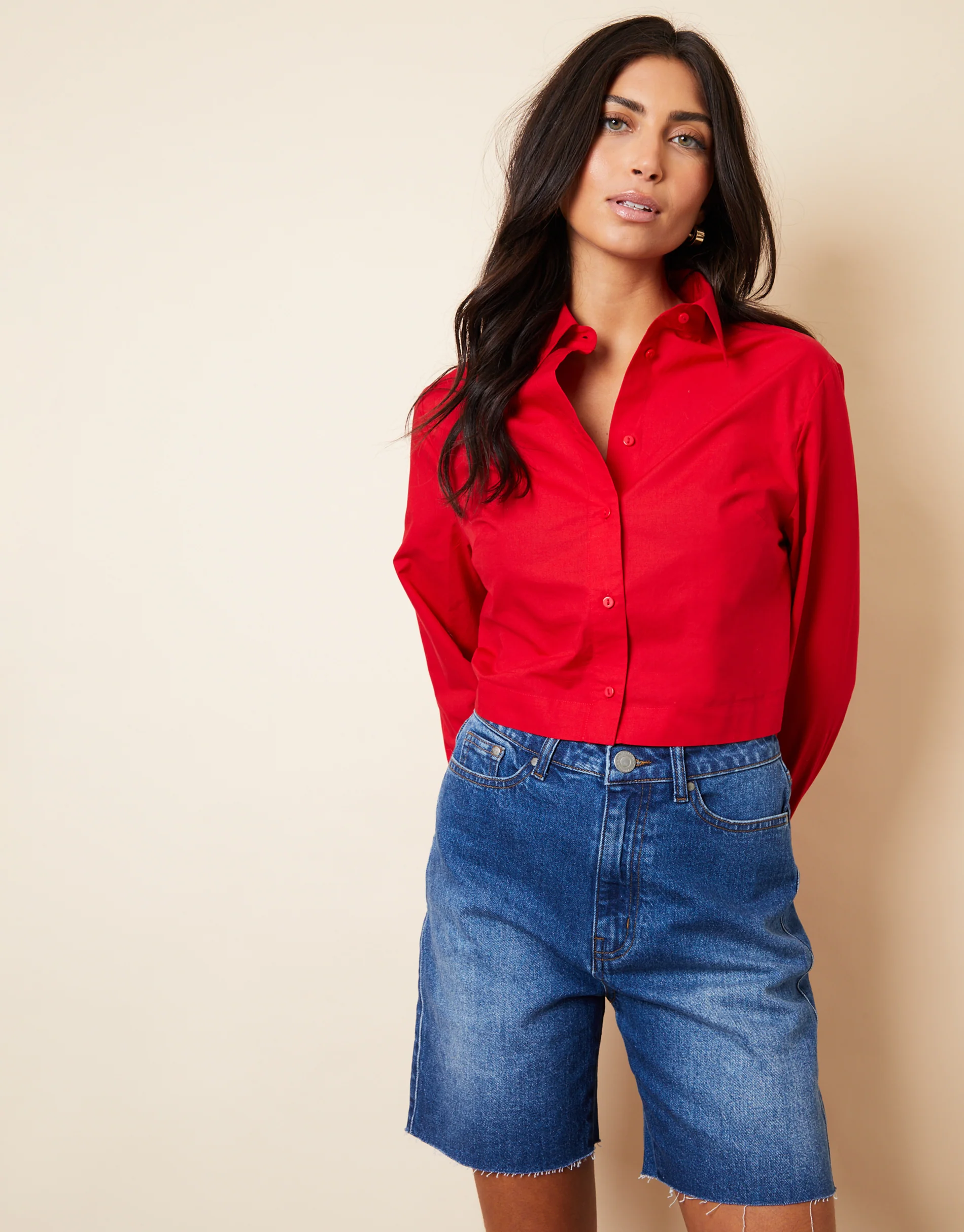 Boxy Cropped Elasticated Hem Shirt in Red - Image 3