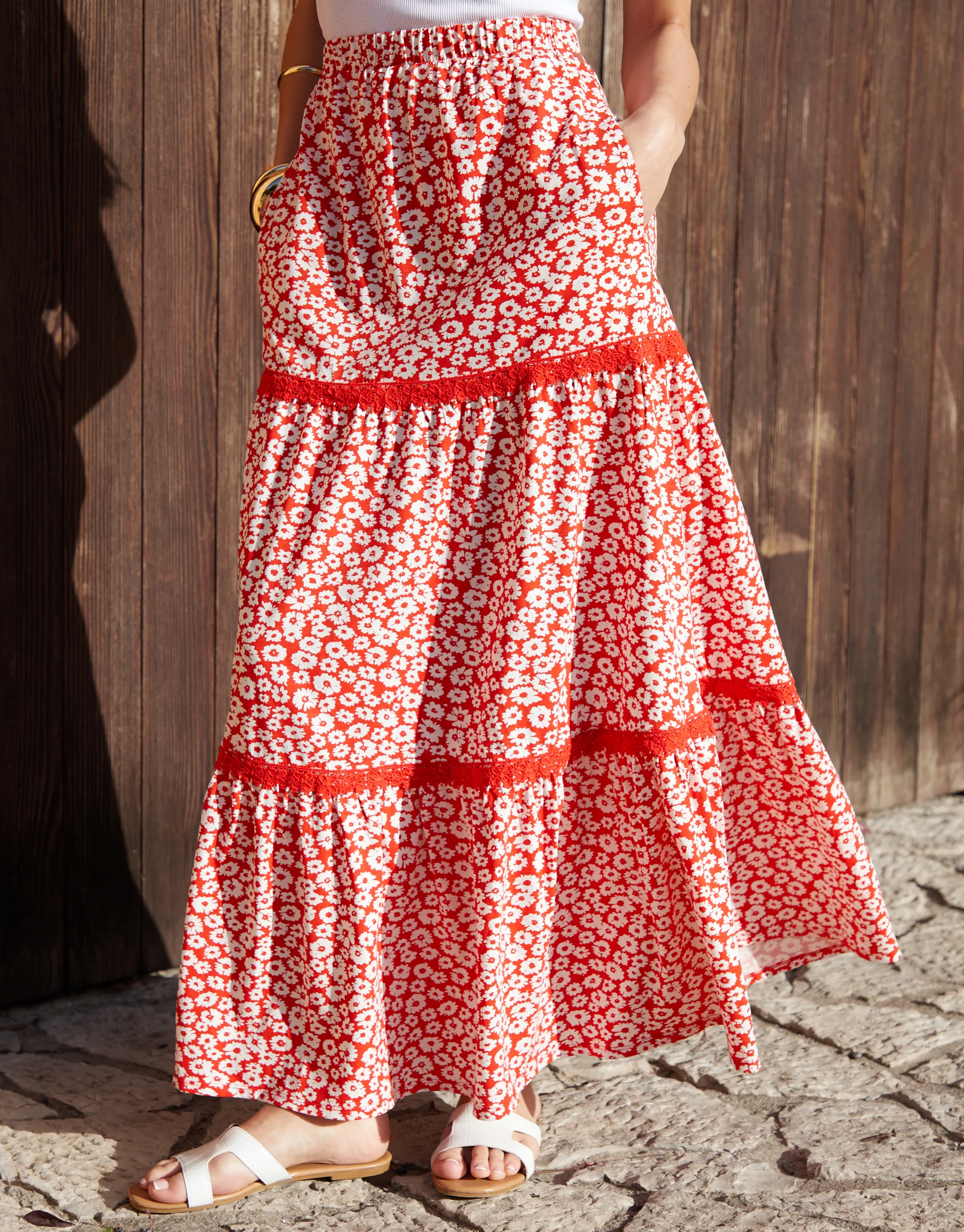 Floral Print Tiered Jersey Maxi Skirt in Red - Image 2
