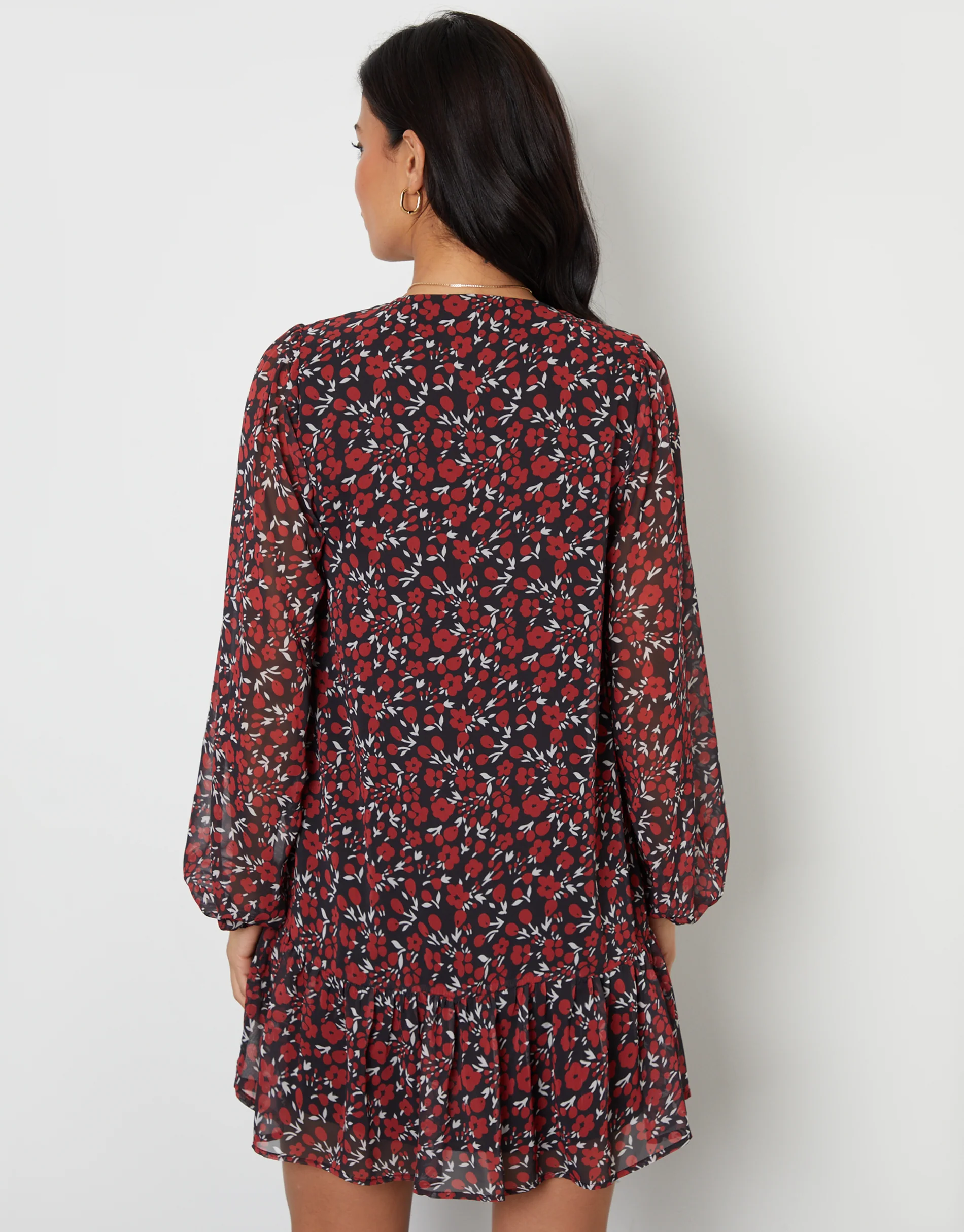 Floral Tie Front Ruffle Mini Dress in Red - Image 4
