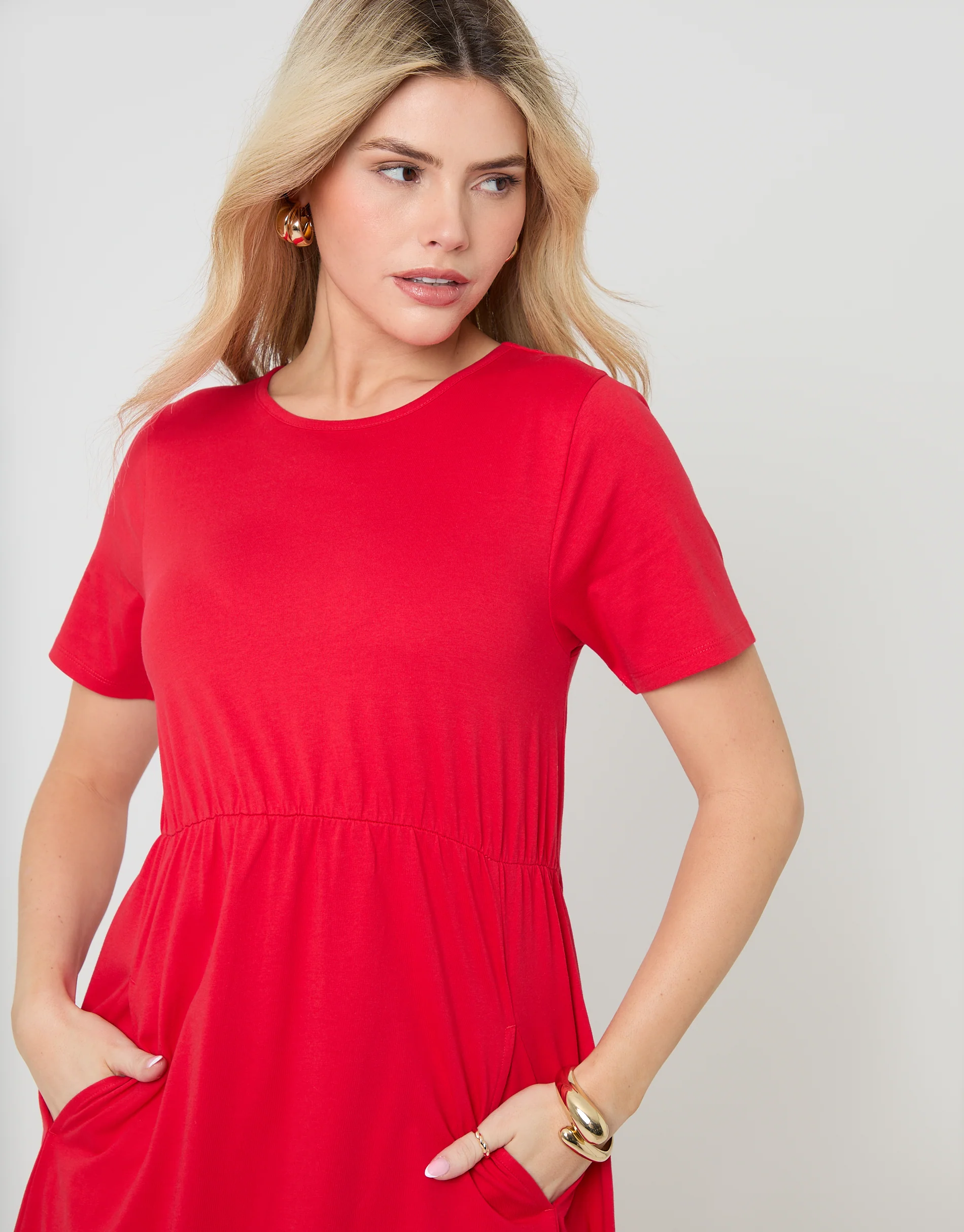 Jersey Midi Smock Dress with Pockets in Red - Image 4