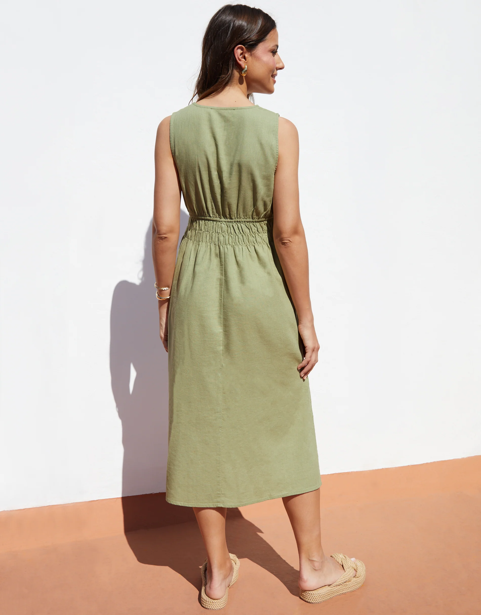 Linen Blend Ruched Midi Dress in Sage Green - Image 3