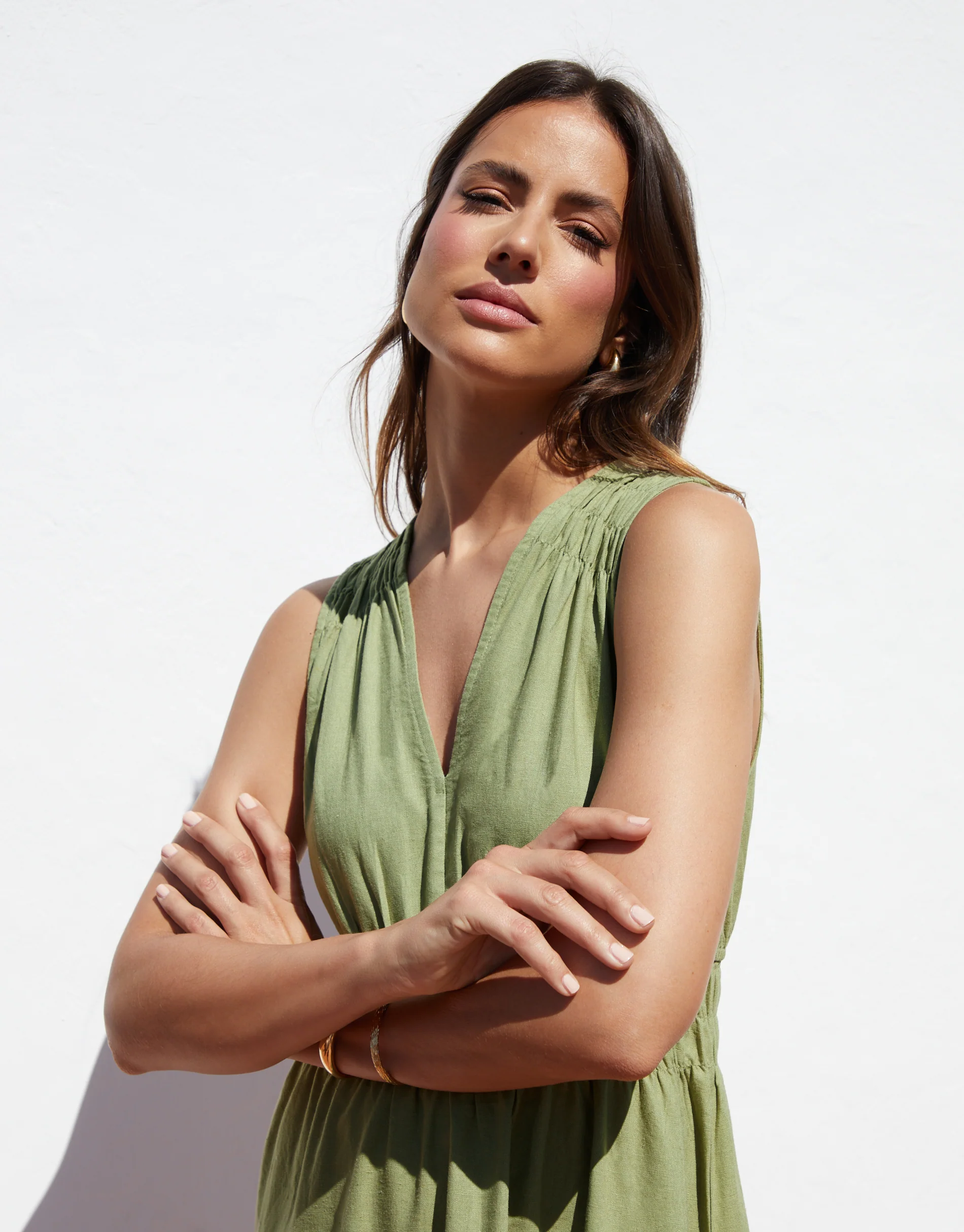 Linen Blend Ruched Midi Dress in Sage Green - Image 5
