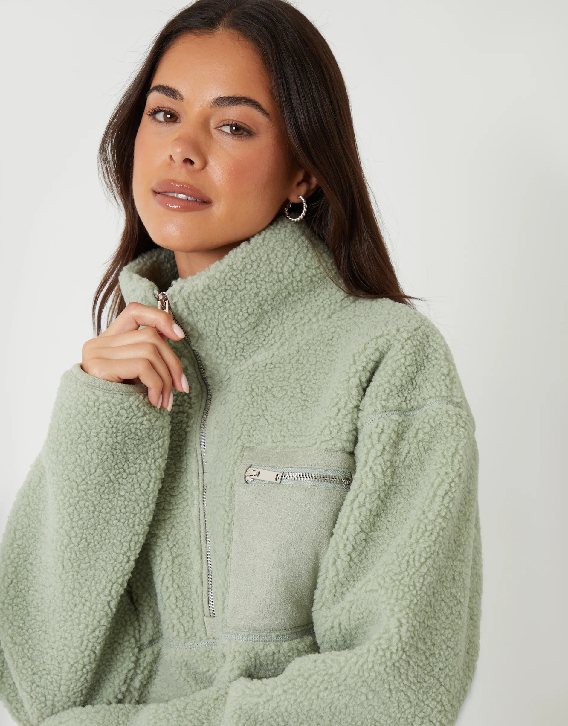 Half Zip Borg Fleece in Sage Green - Image 3