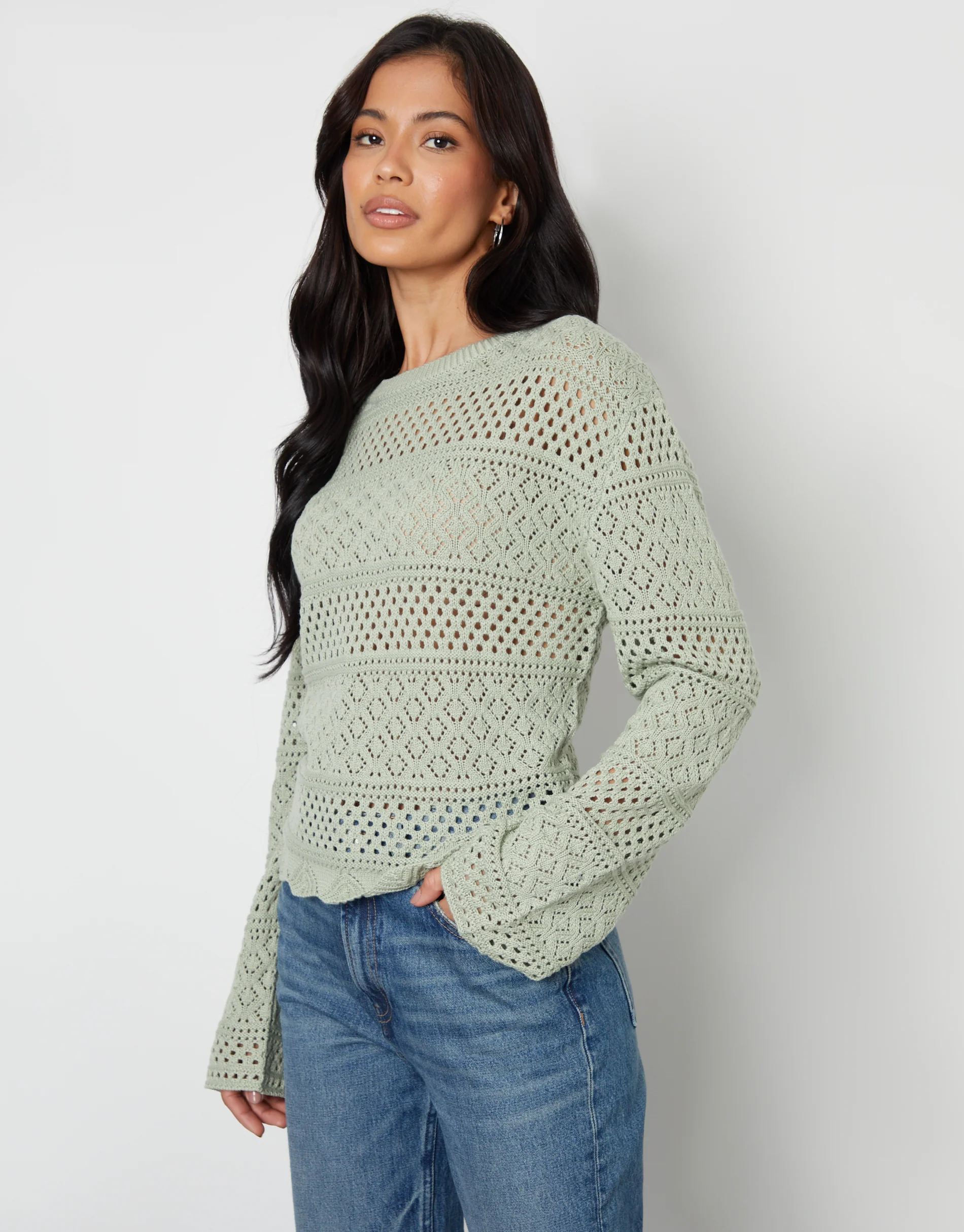 Long Sleeve Pointelle Crochet Knit Jumper in Sage Green - Image 3