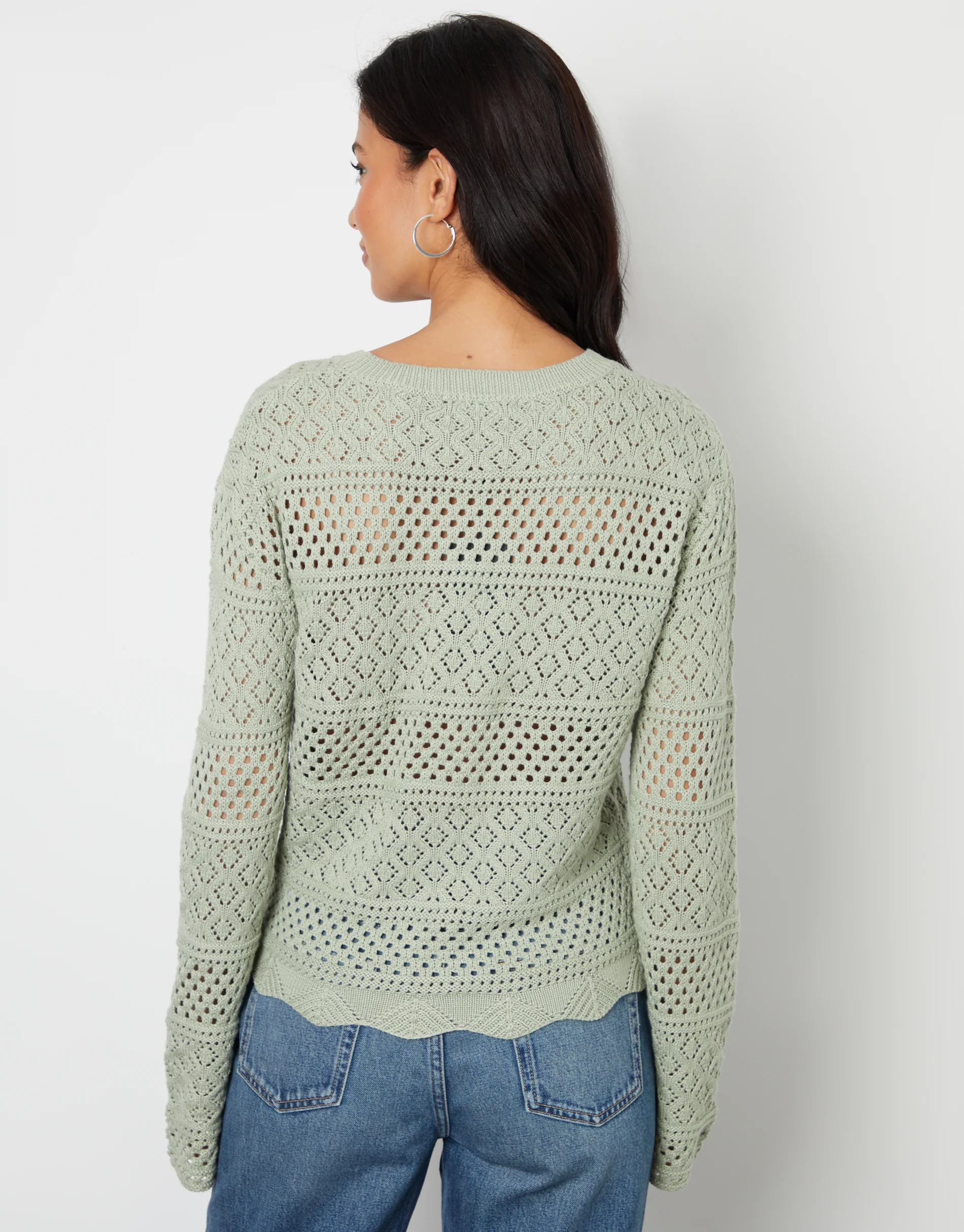 Long Sleeve Pointelle Crochet Knit Jumper in Sage Green - Image 4