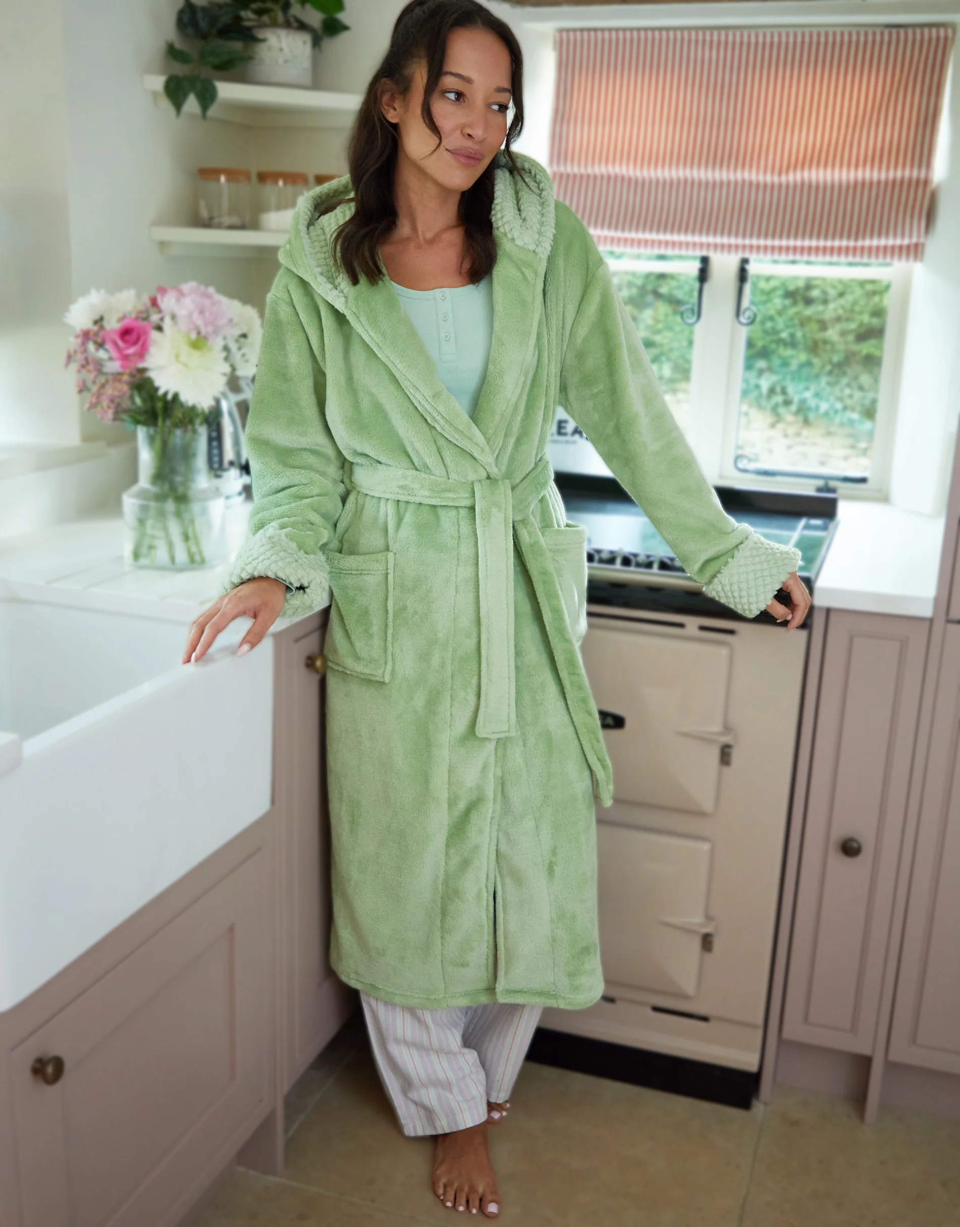 Soft Faux Fur Trim Dressing Gown in Sage Green