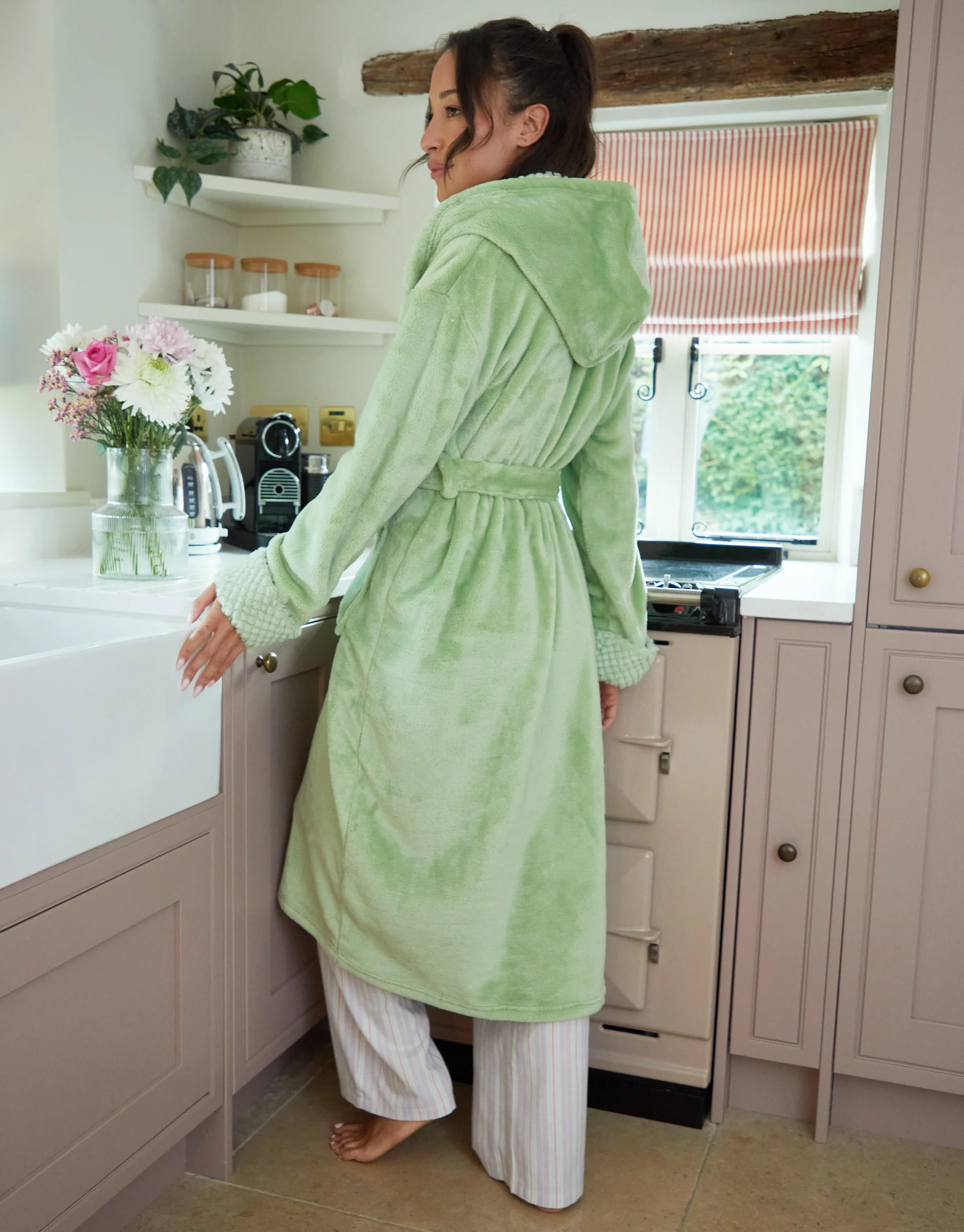 Soft Faux Fur Trim Dressing Gown in Sage Green - Image 2